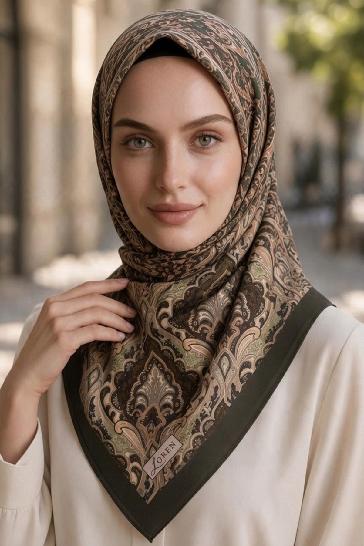 Haki 90x90 Cm Dijital Baskılı Paisley Desen Kutulu Twill Eşarp 501065