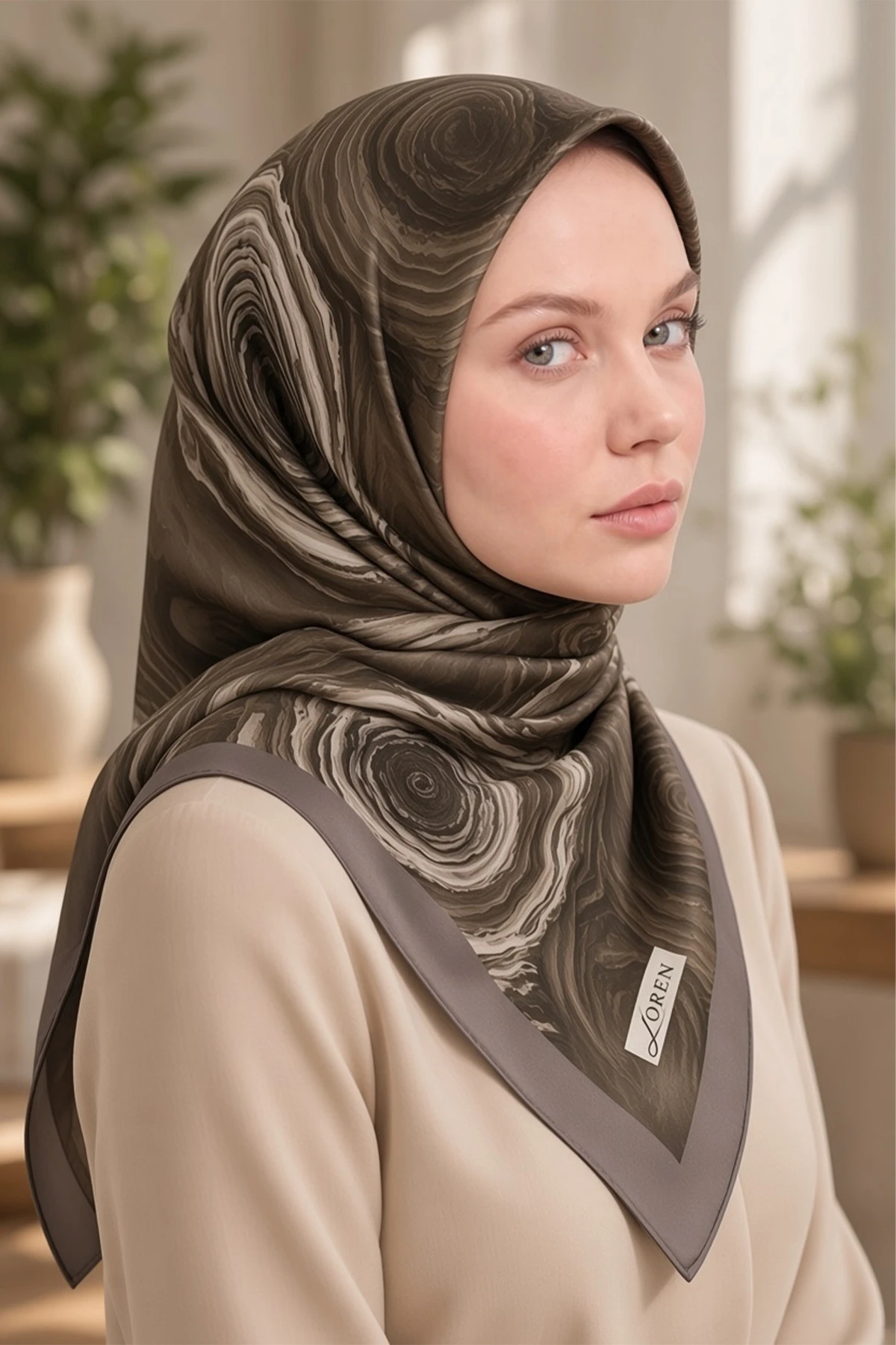 Haki 90x90 Cm Dijital Baskılı Rosetta Desen Soft Eşarp 498596