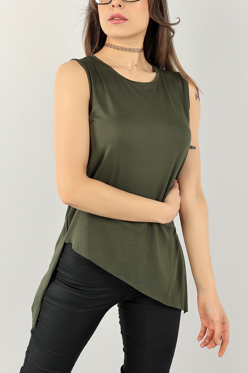 Haki Asimetrik Kesim Kolsuz Bluz 100560
