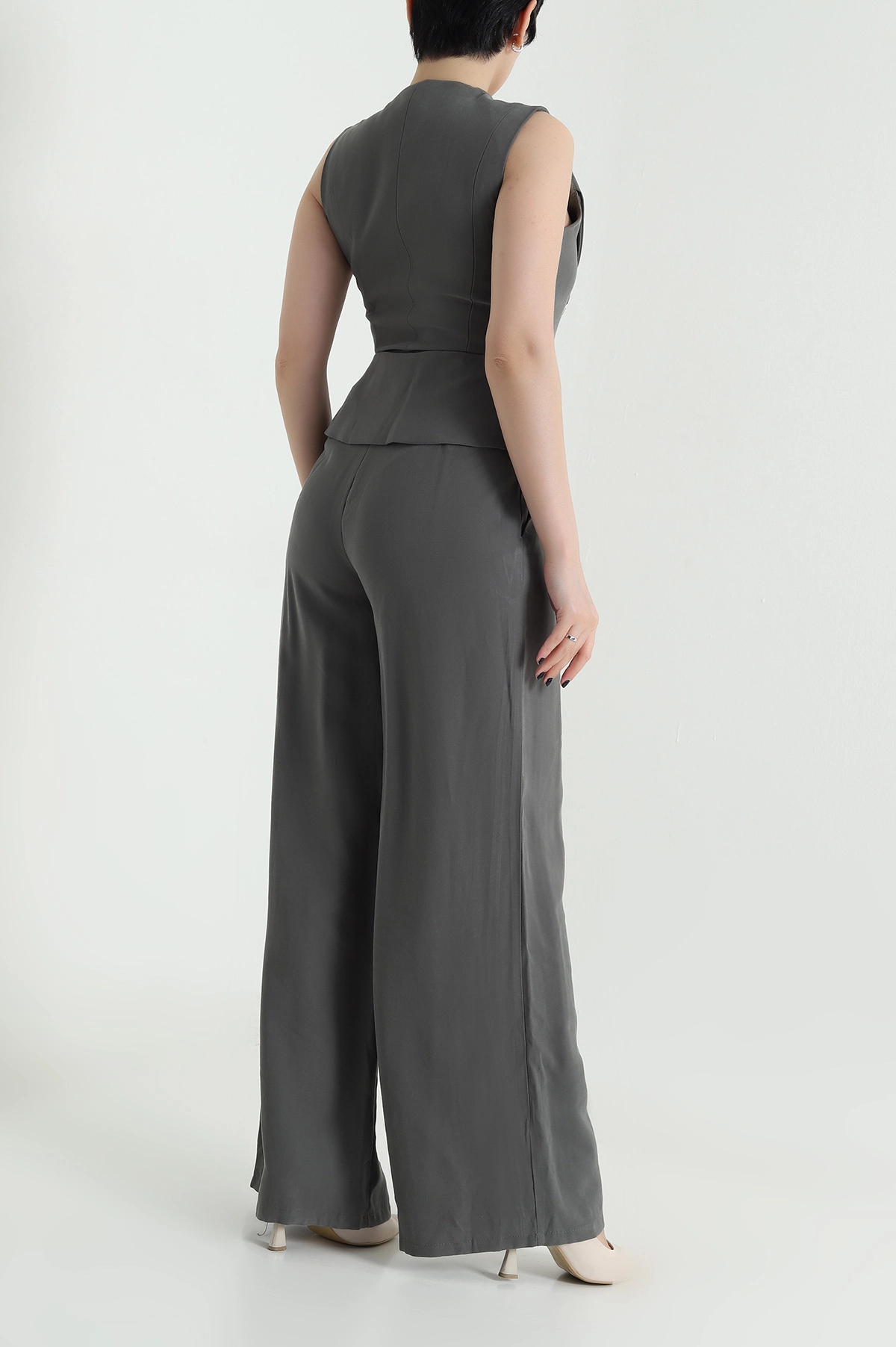 Haki Astarlı Kolsuz İthal Gabardin Kadın Tulum Elbise 454301