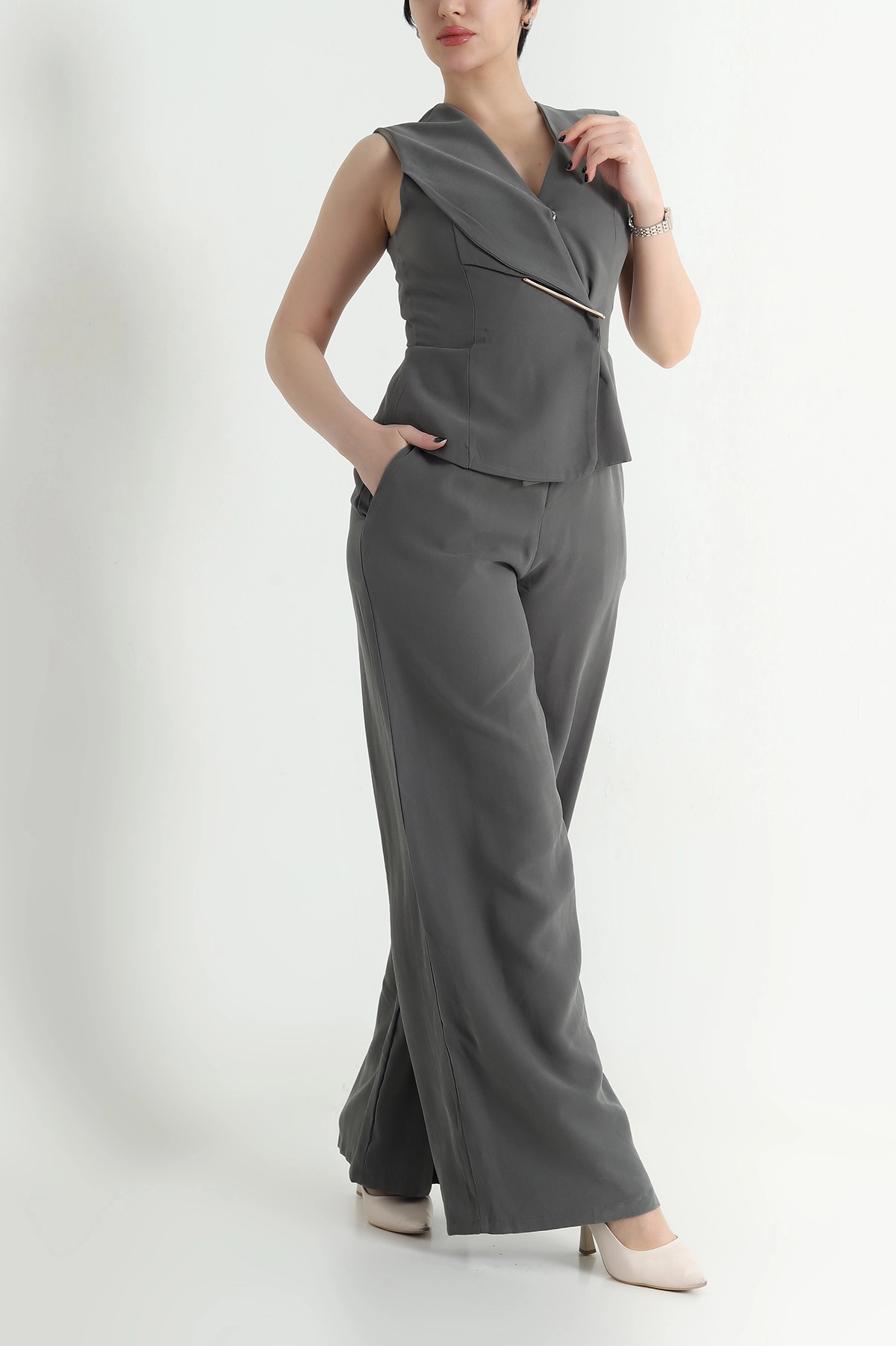 Haki Astarlı Kolsuz İthal Gabardin Kadın Tulum Elbise 454301