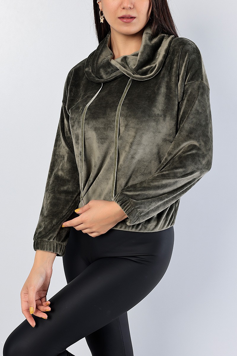 Haki Astronot Yaka Bayan Kadife Sweat 81284