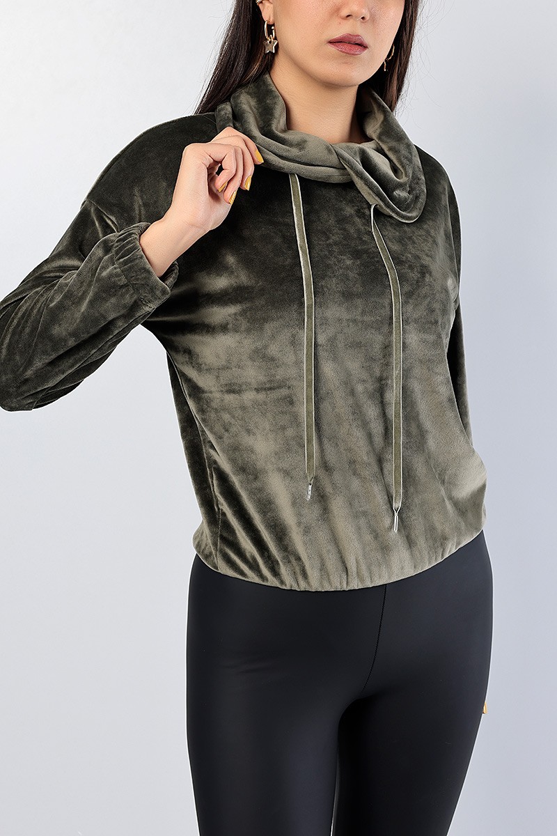 Haki Astronot Yaka Bayan Kadife Sweat 81284