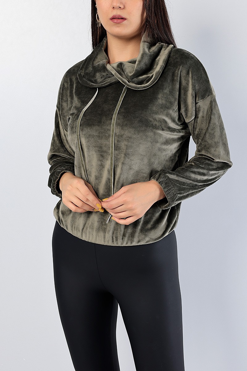 Haki Astronot Yaka Bayan Kadife Sweat 81284