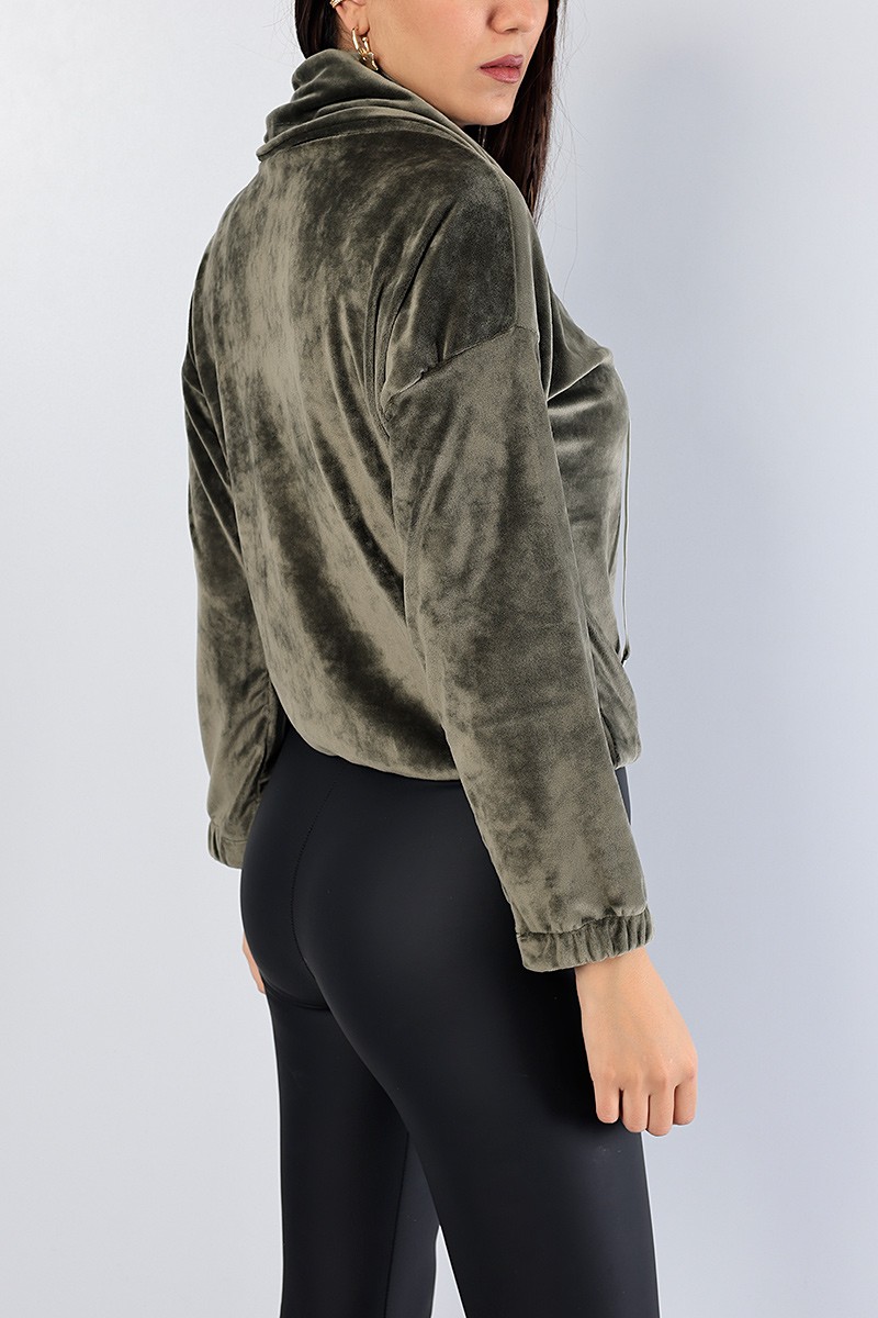 Haki Astronot Yaka Bayan Kadife Sweat 81284