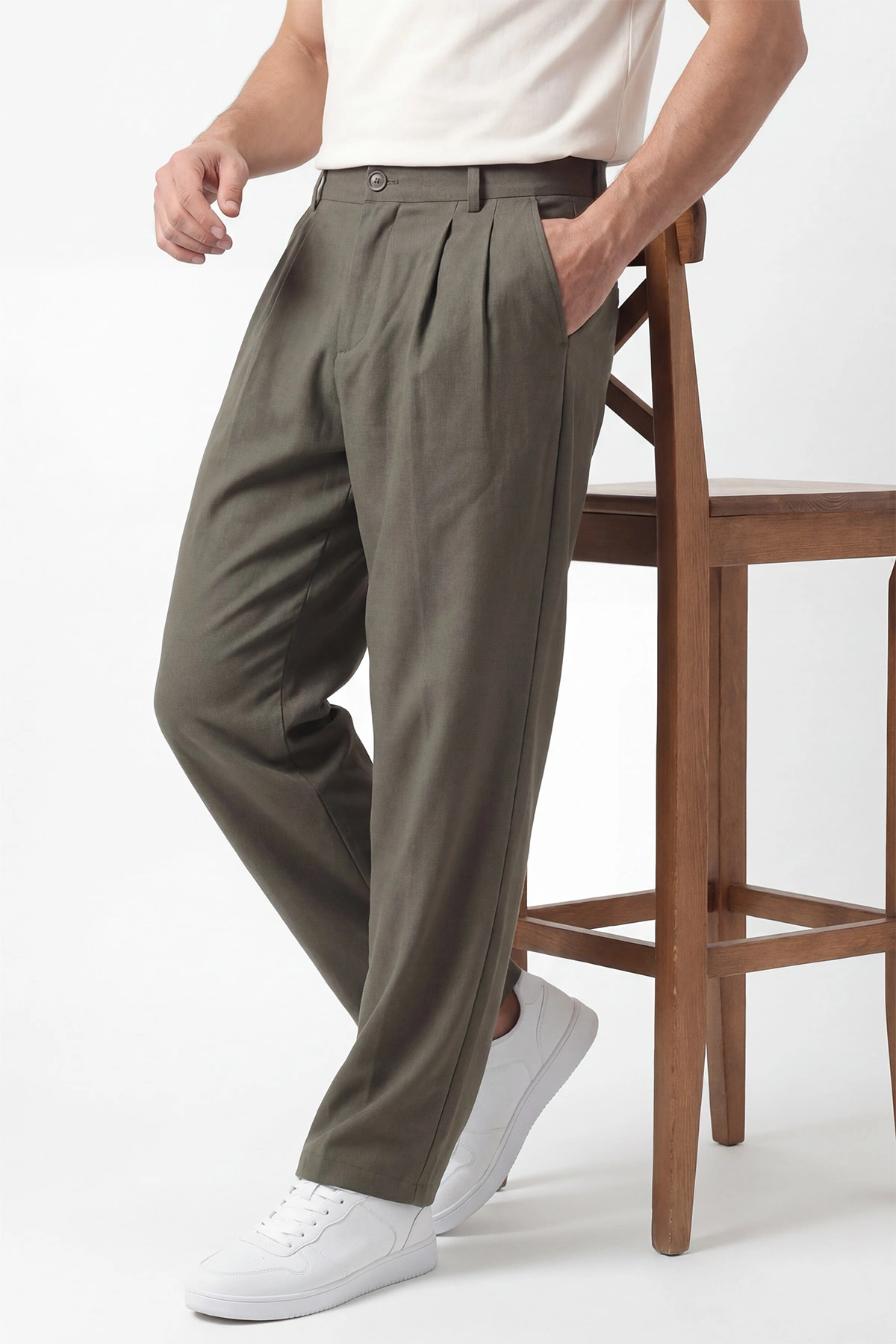 Haki Baggy Çift Pile Detaylı Bel Arkası Lastikli Erkek Kumaş Pantolon 449746