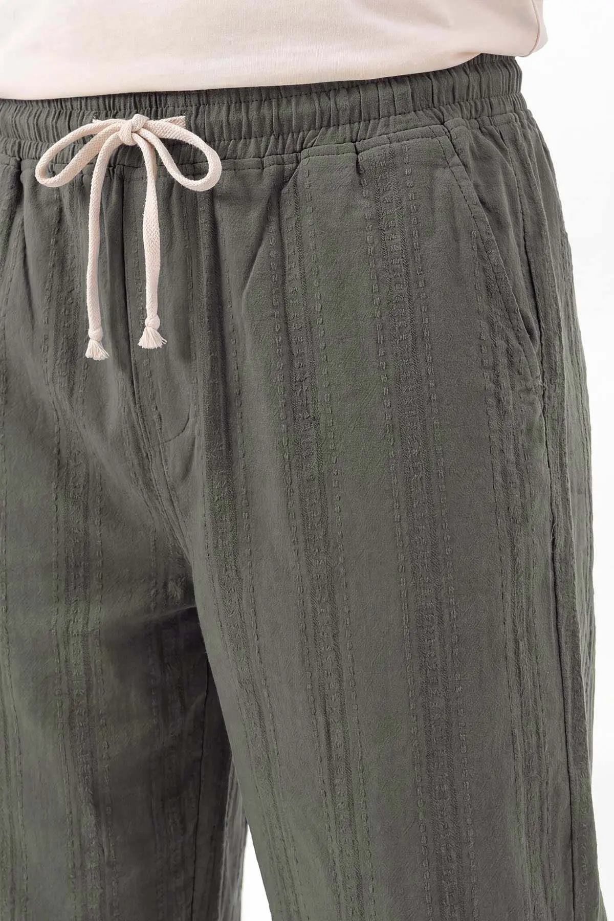Haki Baggy Ham Keten Belden Bağlamalı Erkek Pantolon 459577