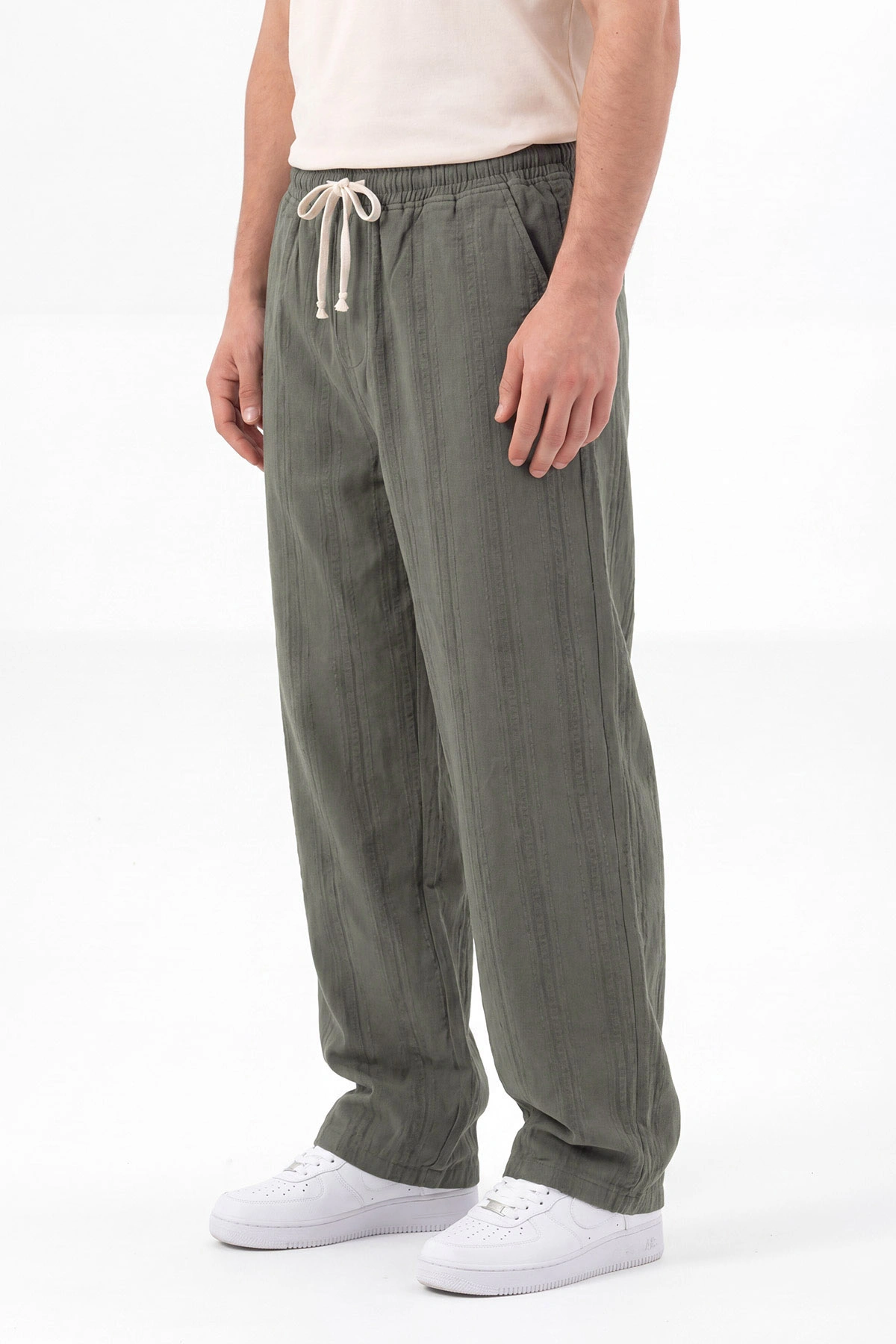 Haki Baggy Ham Keten Belden Bağlamalı Erkek Pantolon 459577