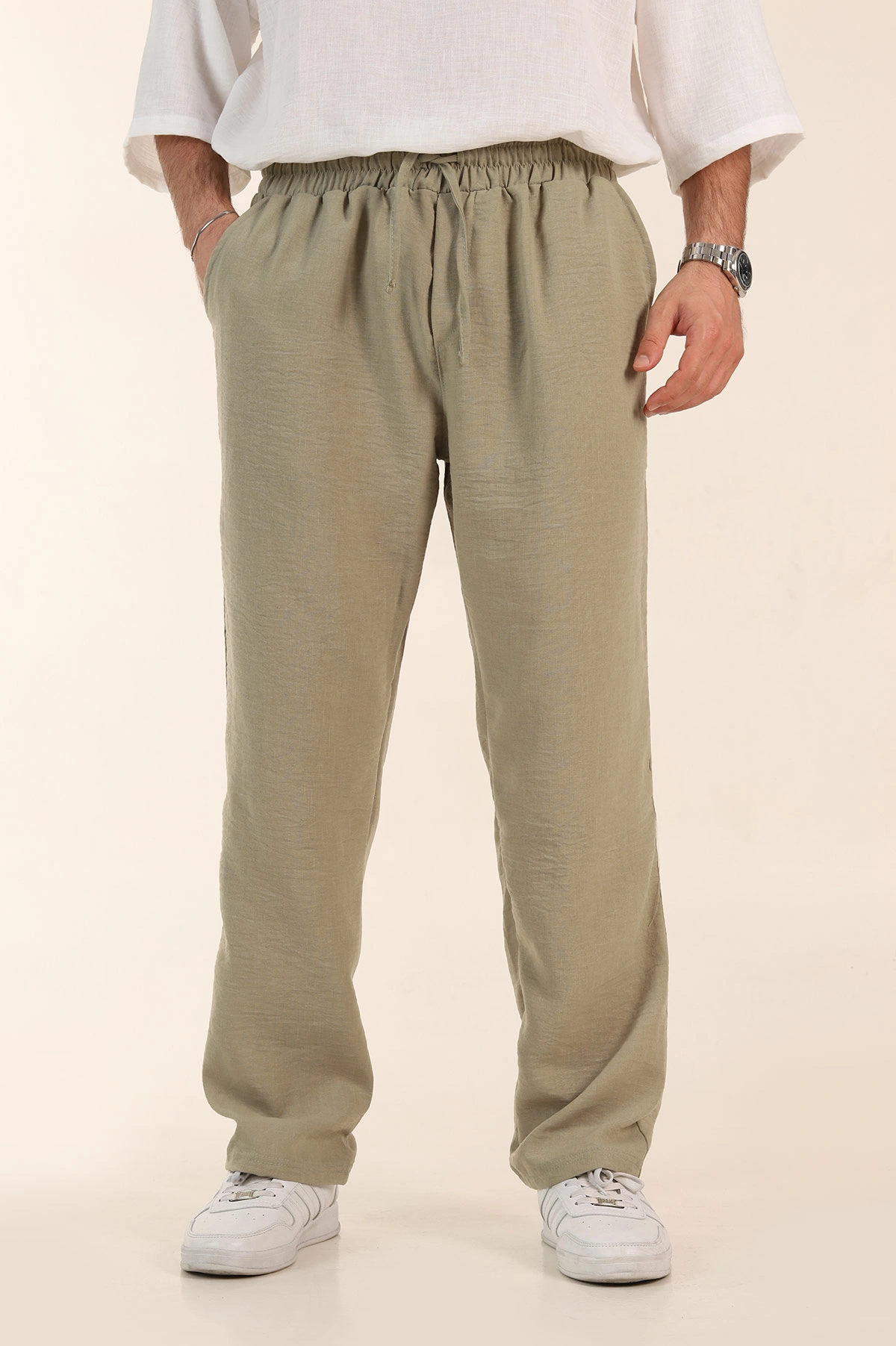 Haki Baggy Keten Bel Lastikli Erkek Eşofman Altı 364075