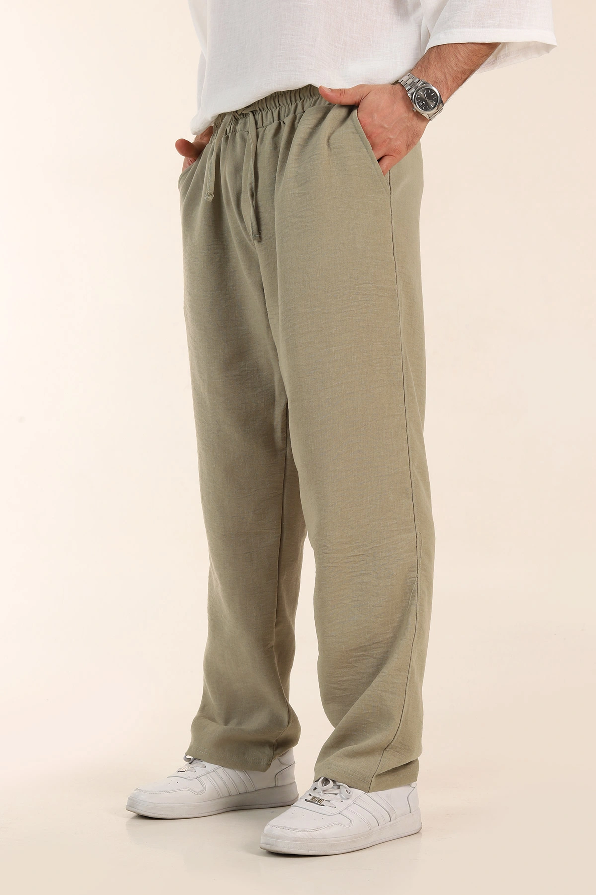 Haki Baggy Keten Bel Lastikli Erkek Eşofman Altı 364075