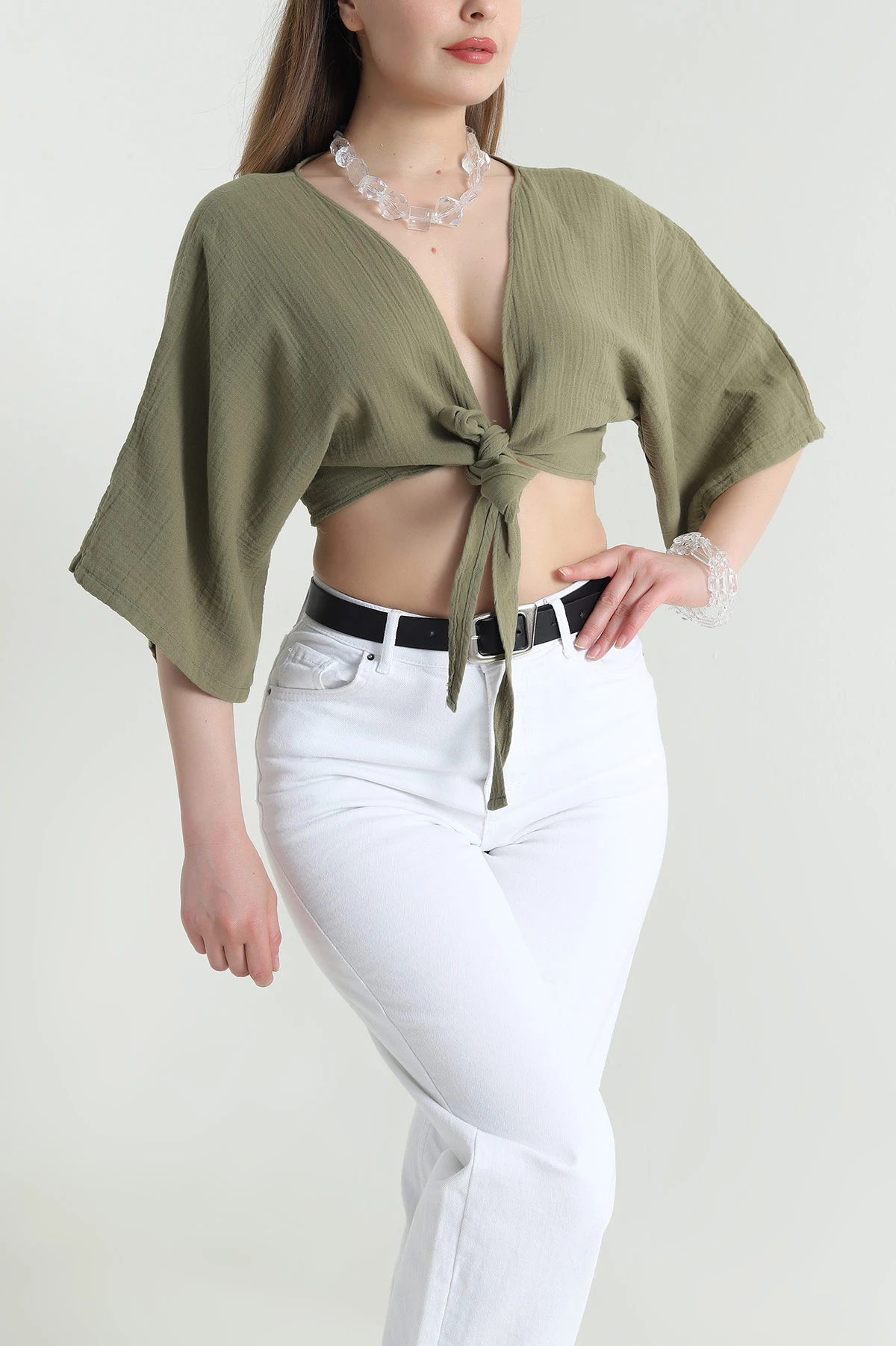 Haki Bağlamalı Müslin Keten Kadın Kimono Bluz 464820