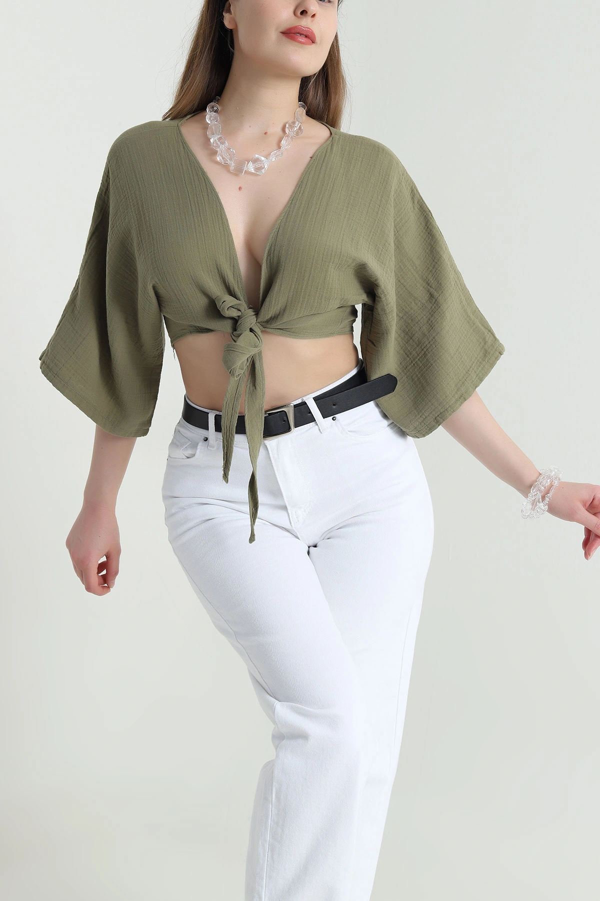 Haki Bağlamalı Müslin Keten Kadın Kimono Bluz 464820