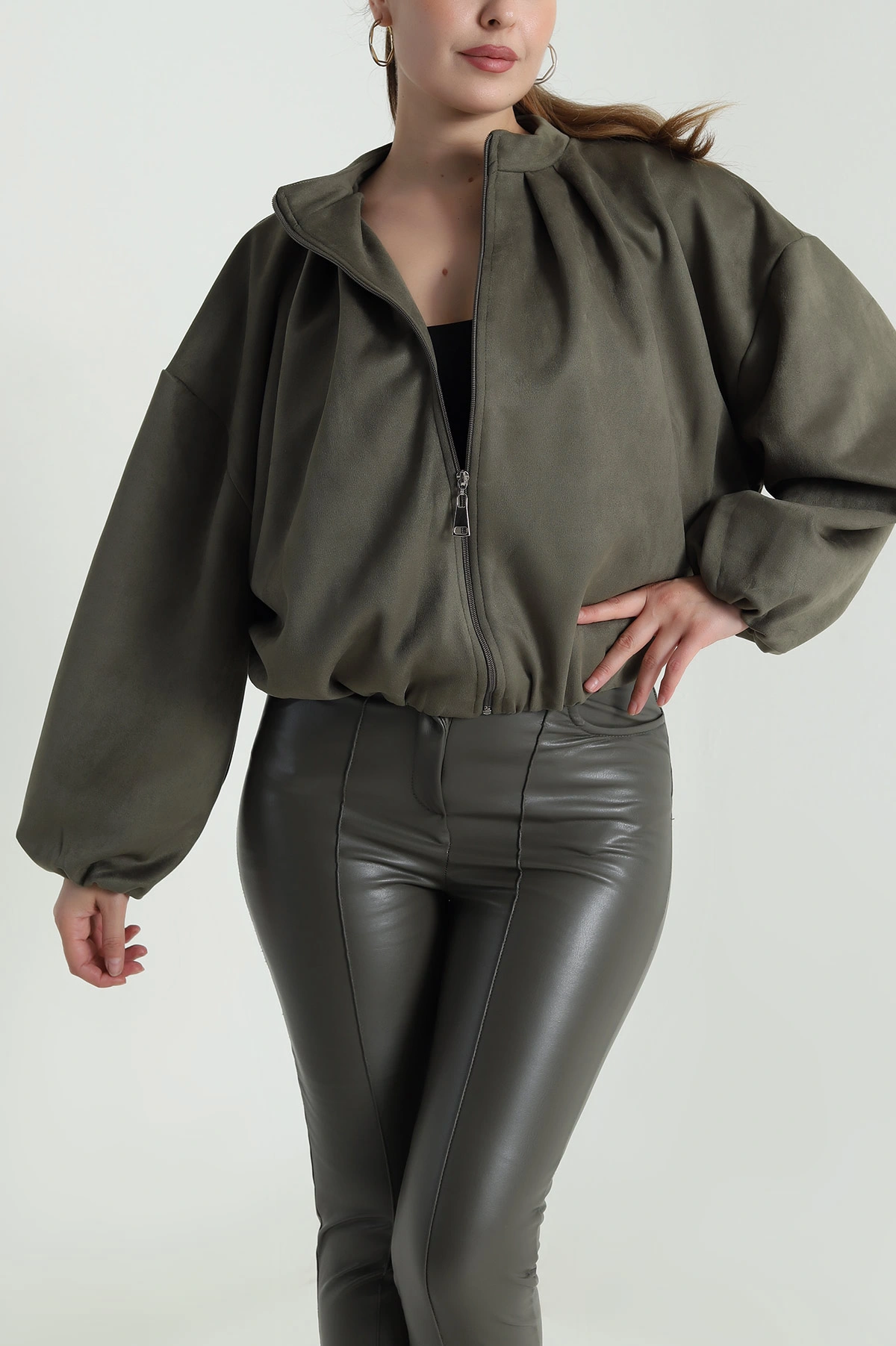 Haki Balon Bomber Kadın Süet Mont 484000