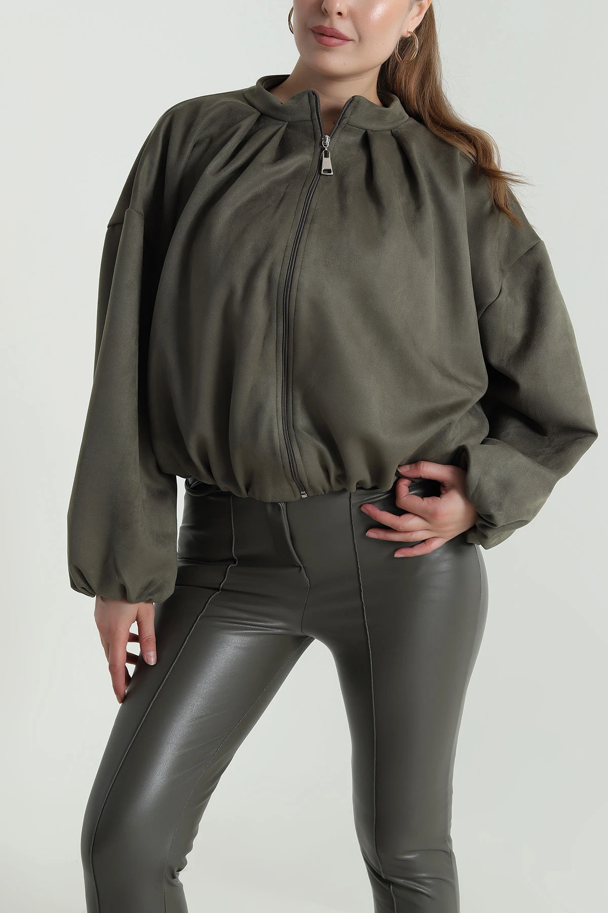 Haki Balon Bomber Kadın Süet Mont 484000