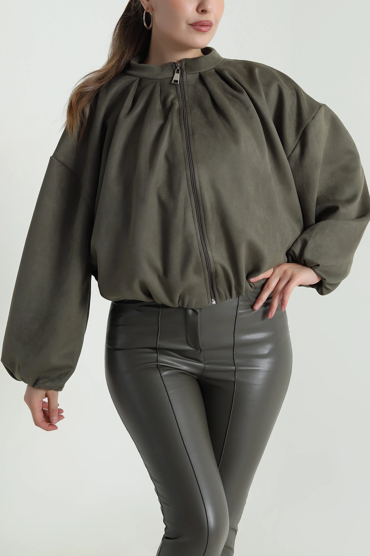 Haki Balon Bomber Kadın Süet Mont 484000