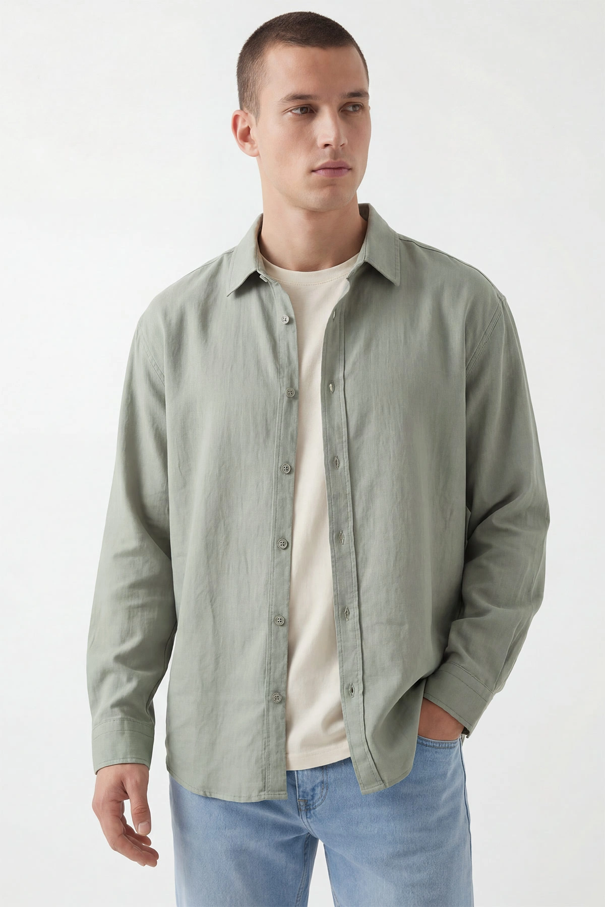 Haki Bambu Keten Oversize Erkek Gömlek 449837