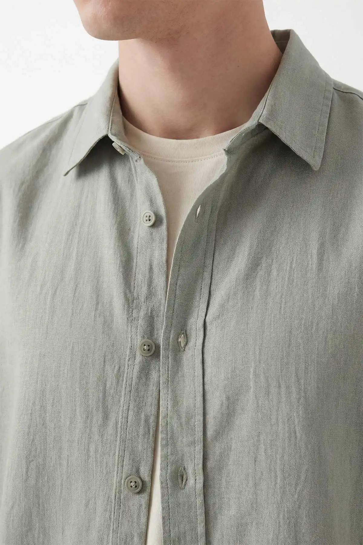 Haki Bambu Keten Oversize Erkek Gömlek 449837