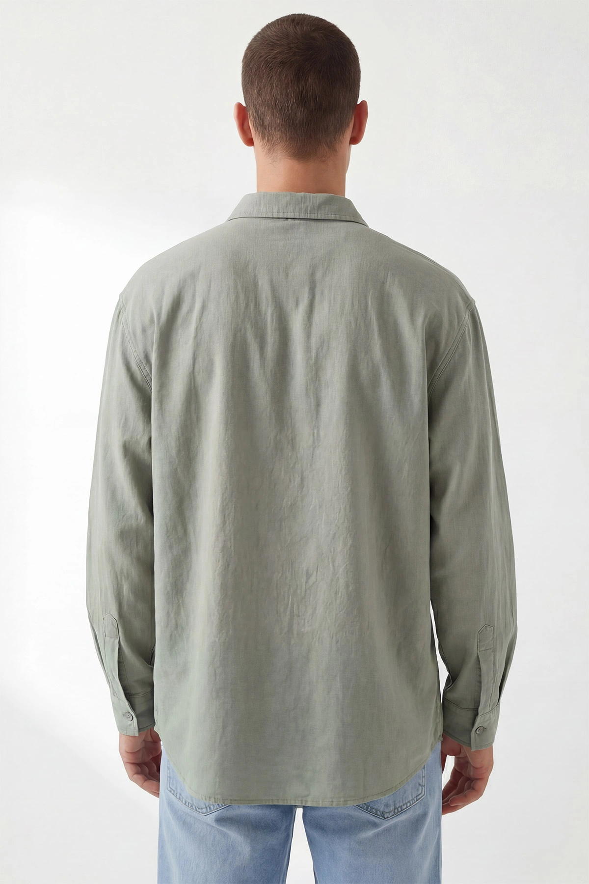 Haki Bambu Keten Oversize Erkek Gömlek 449837