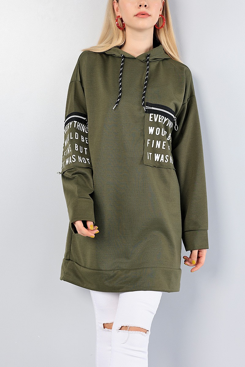 Haki Baskılı Kapüşonlu Sweat Tunik 76498