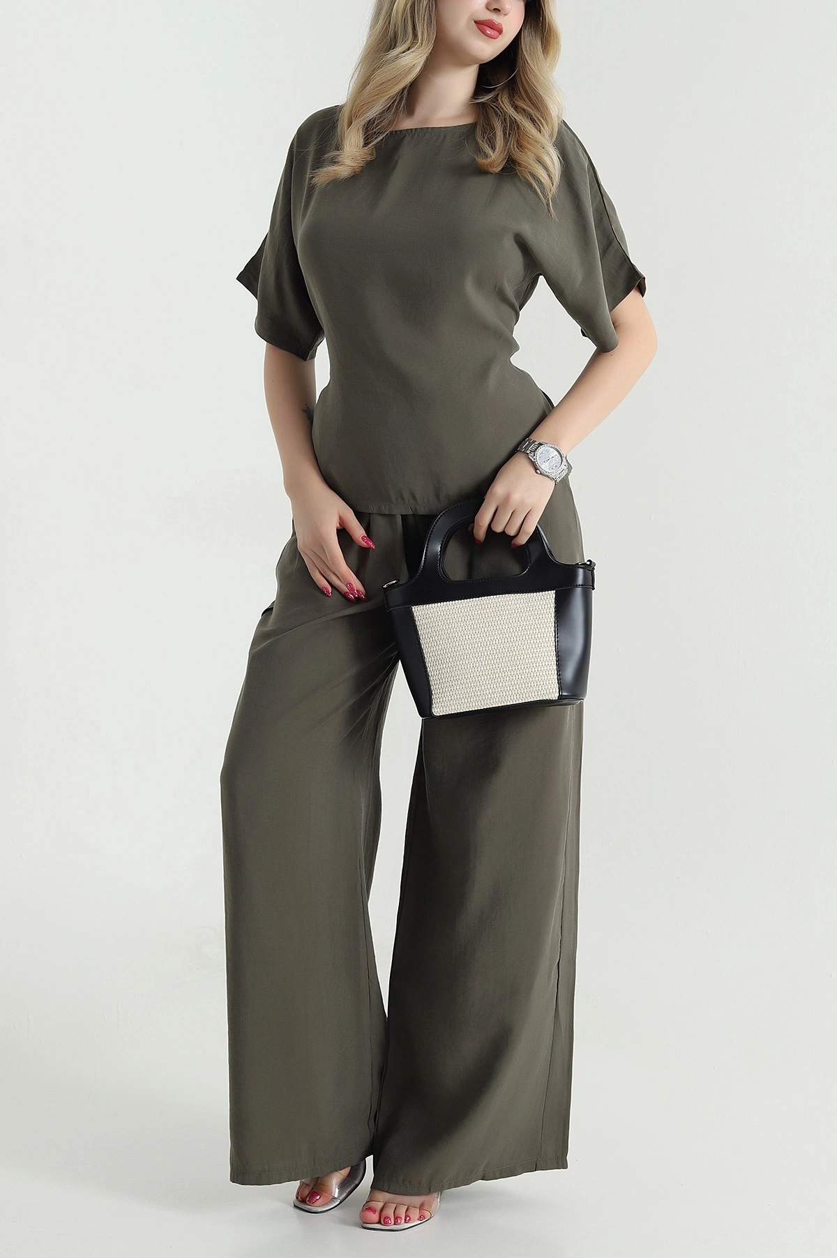 Haki Bel Lastikli Bagcıklı Tencel Kadın İkili Takım 475635