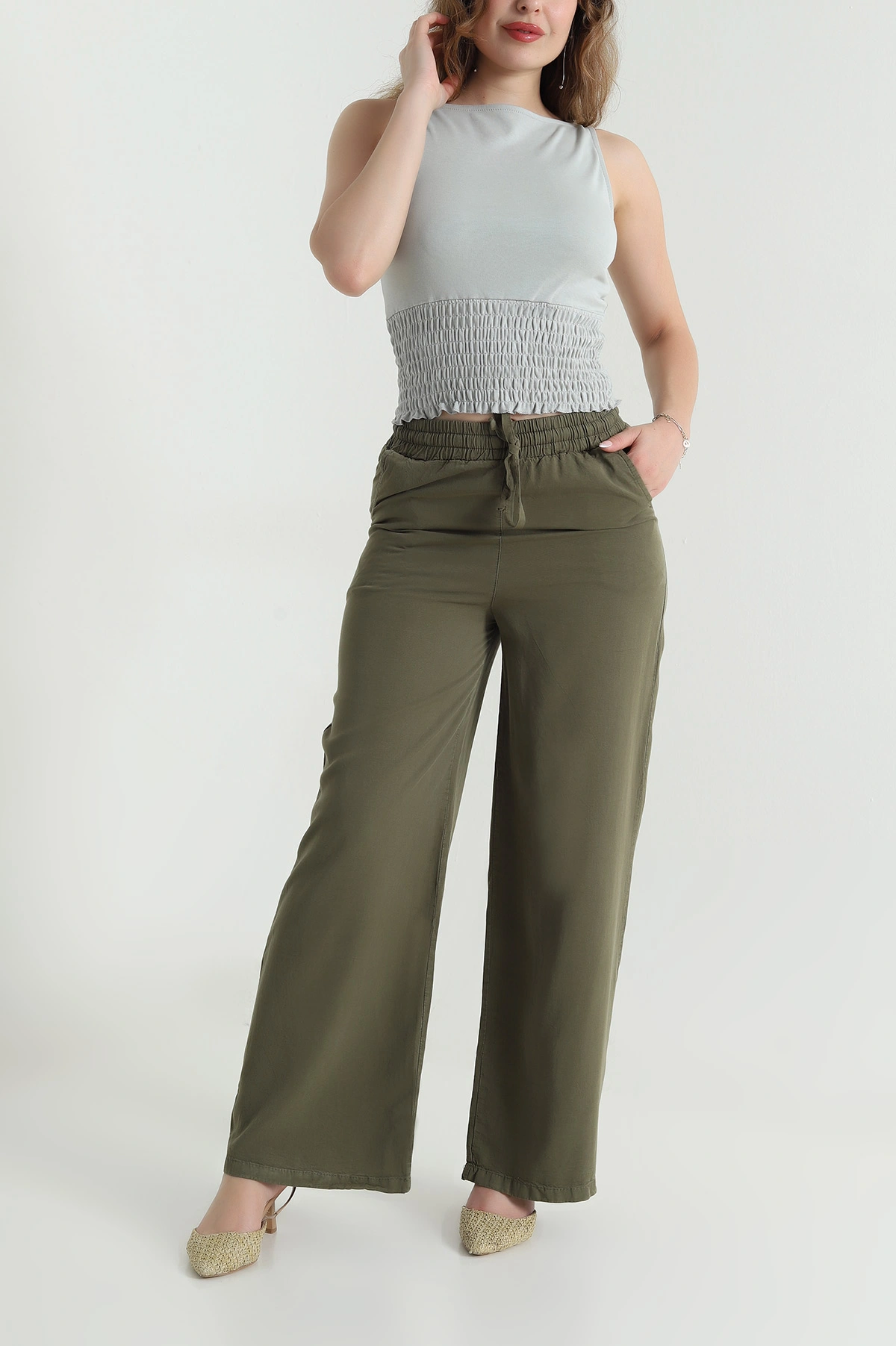 Haki Bel Lastikli Bol Paça Tencel Kadın Pantolon 479897