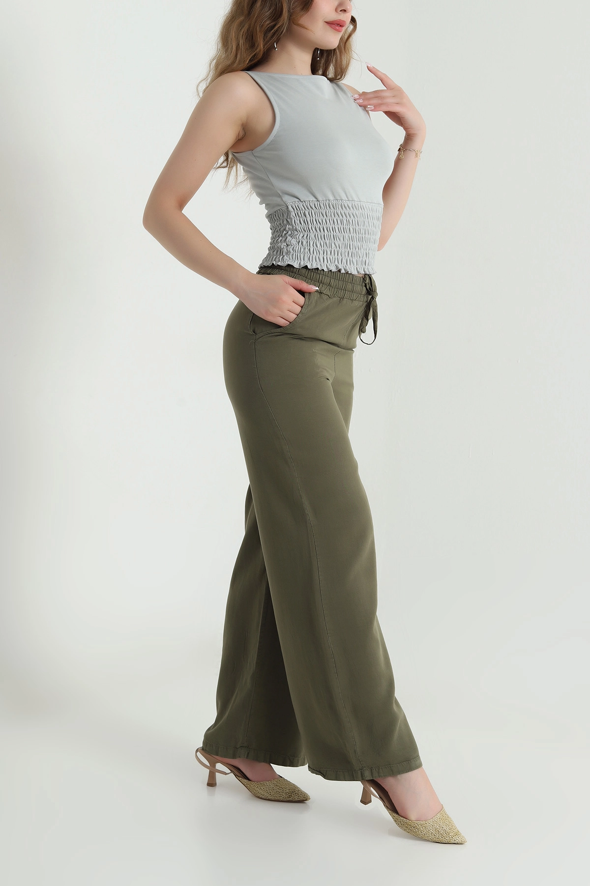Haki Bel Lastikli Bol Paça Tencel Kadın Pantolon 479897