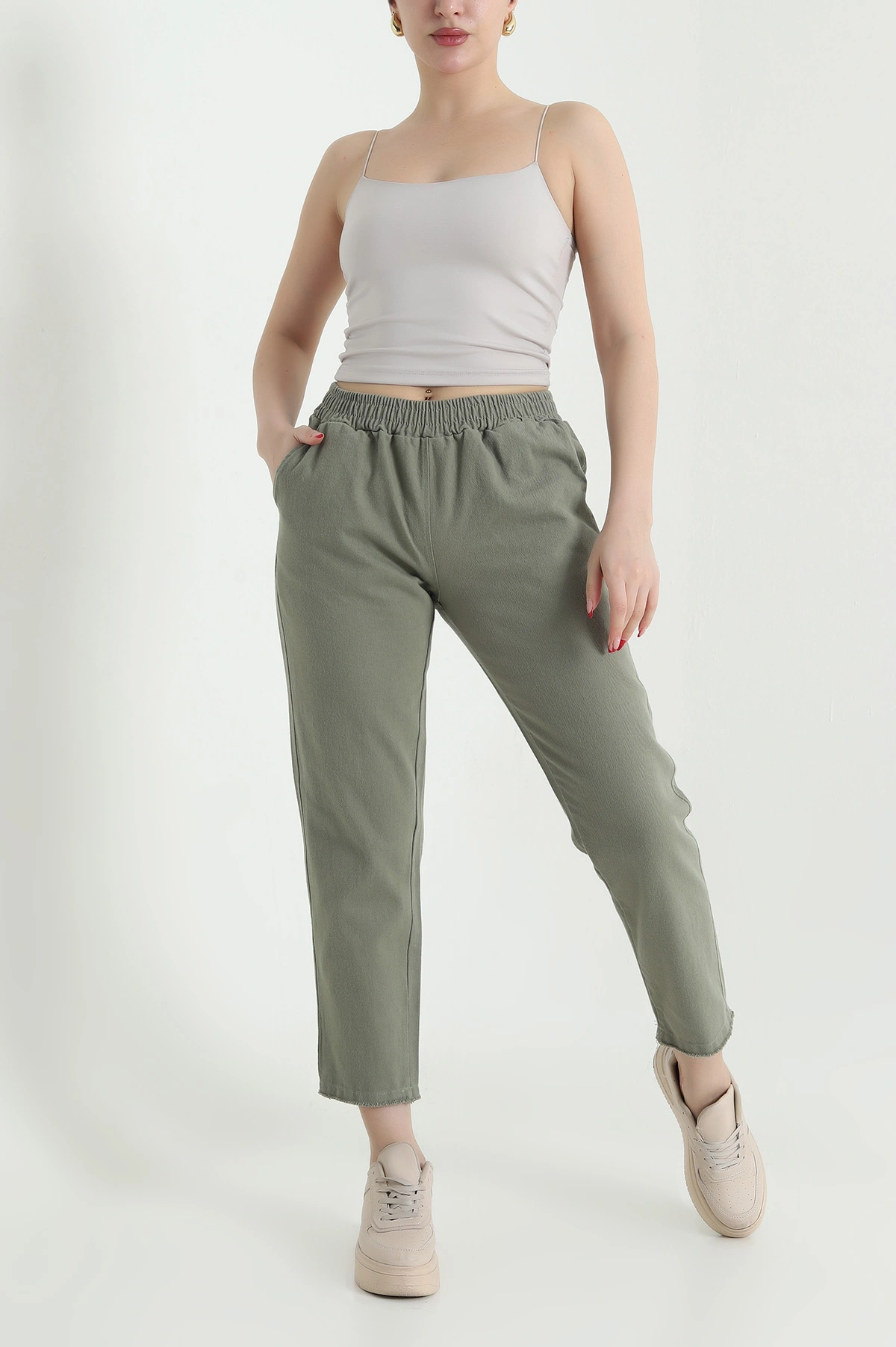 Haki Bel Lastikli Cep Detay Gabardin Kadın Pantolon 440777