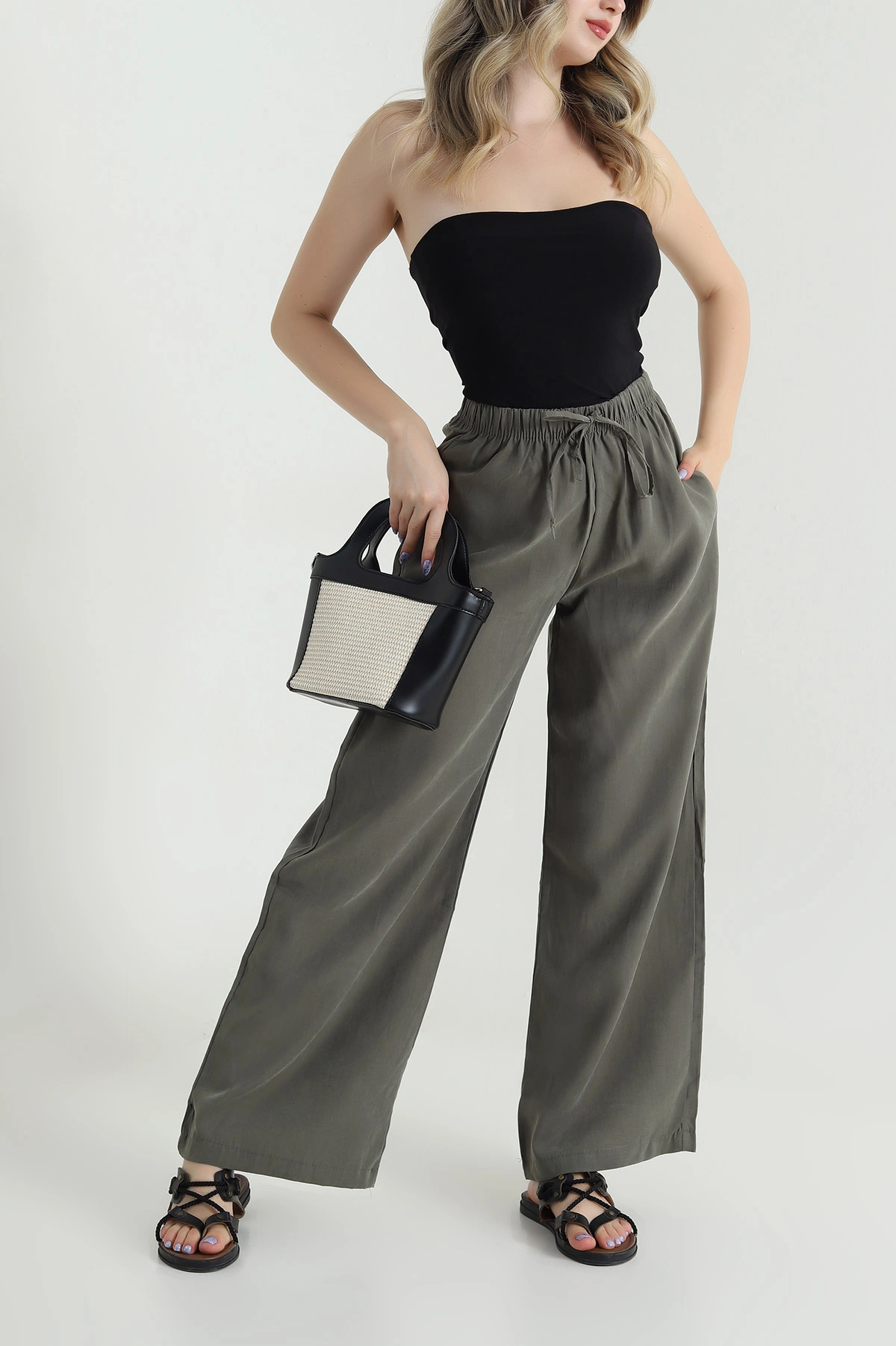 Haki Bel Lastikli Cepli Tencel Kadın Pantolon 474854