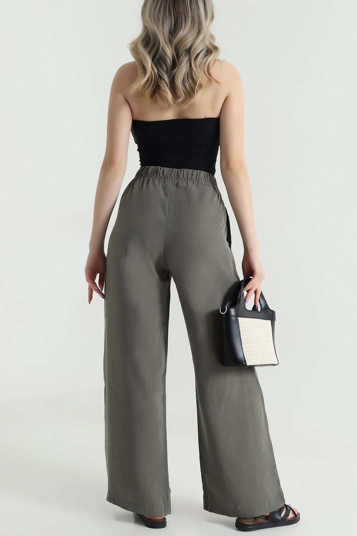Haki Bel Lastikli Cepli Tencel Kadın Pantolon 474854