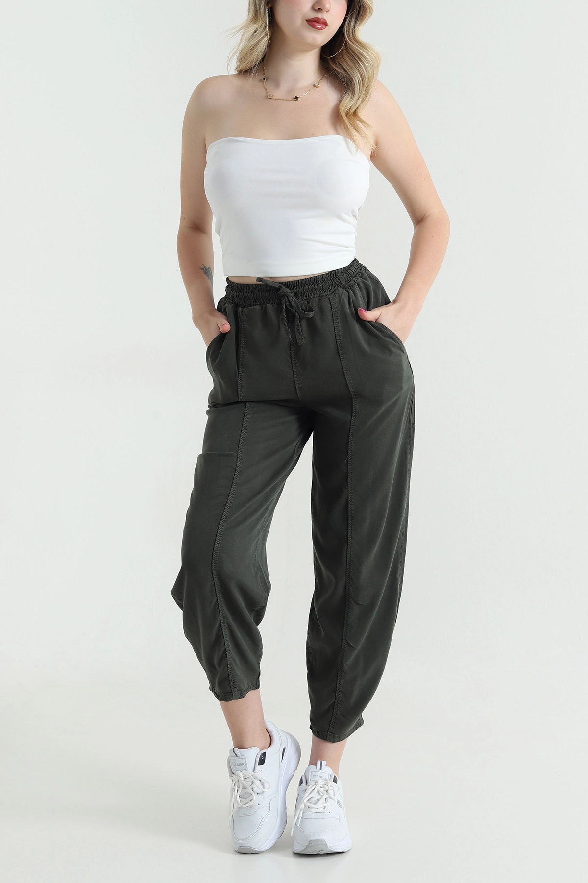 Haki Bel Lastikli Cepli Tencel Kadın Şalvar Pantolon 463349