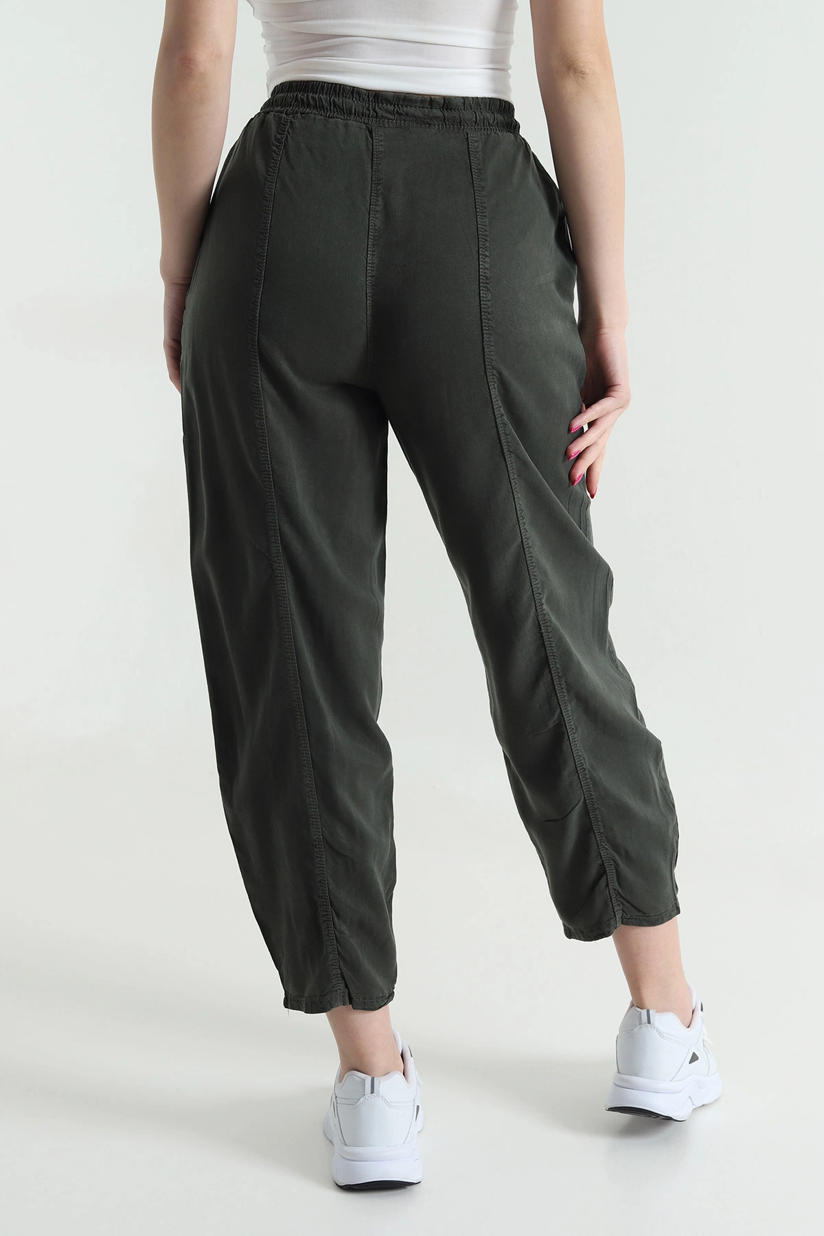 Haki Bel Lastikli Cepli Tencel Kadın Şalvar Pantolon 463349