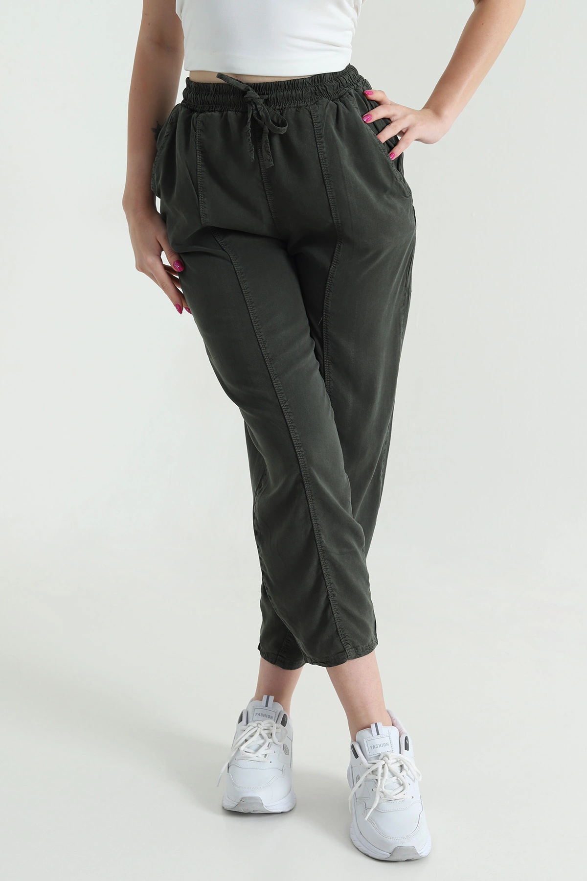 Haki Bel Lastikli Cepli Tencel Kadın Şalvar Pantolon 463349