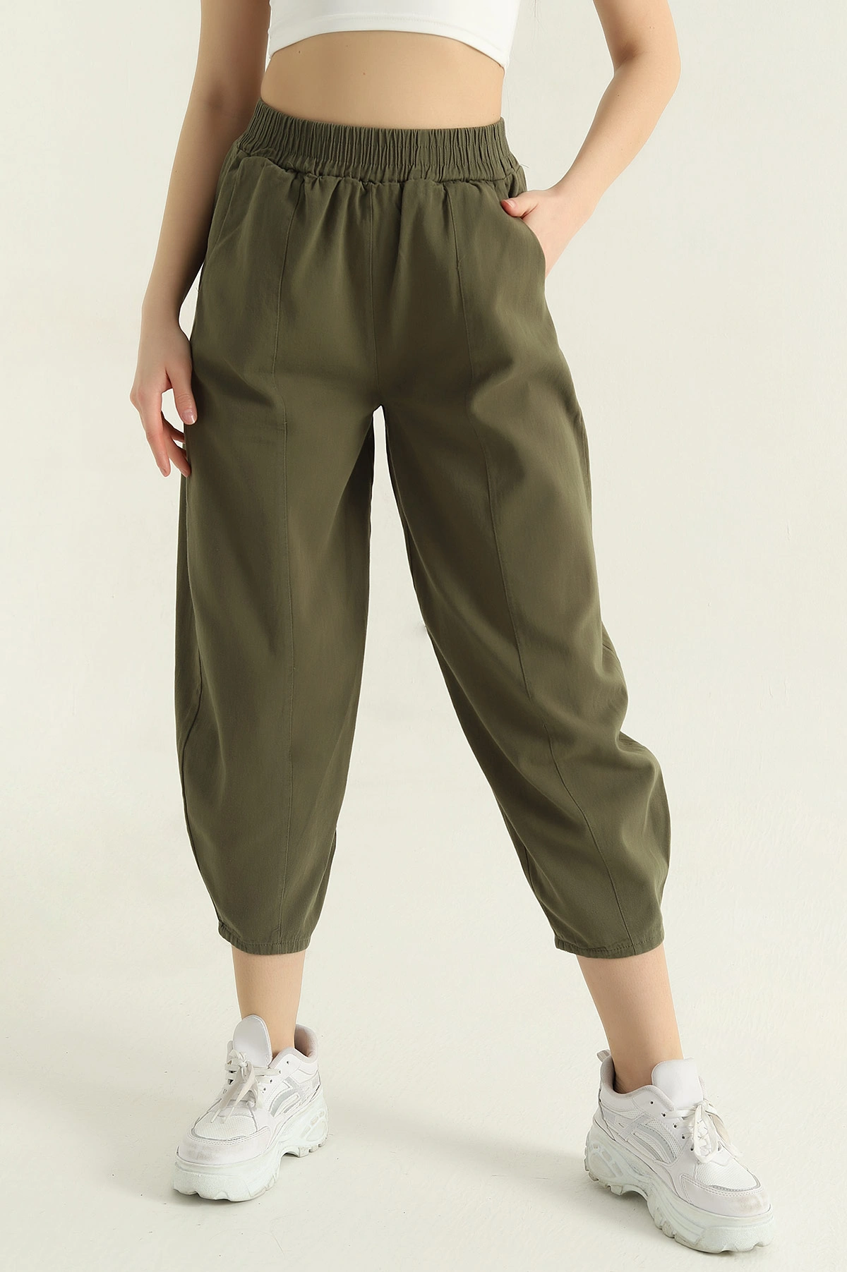 Haki Bel Lastikli Gabardin Şalvar Kadın Pantolon 357403
