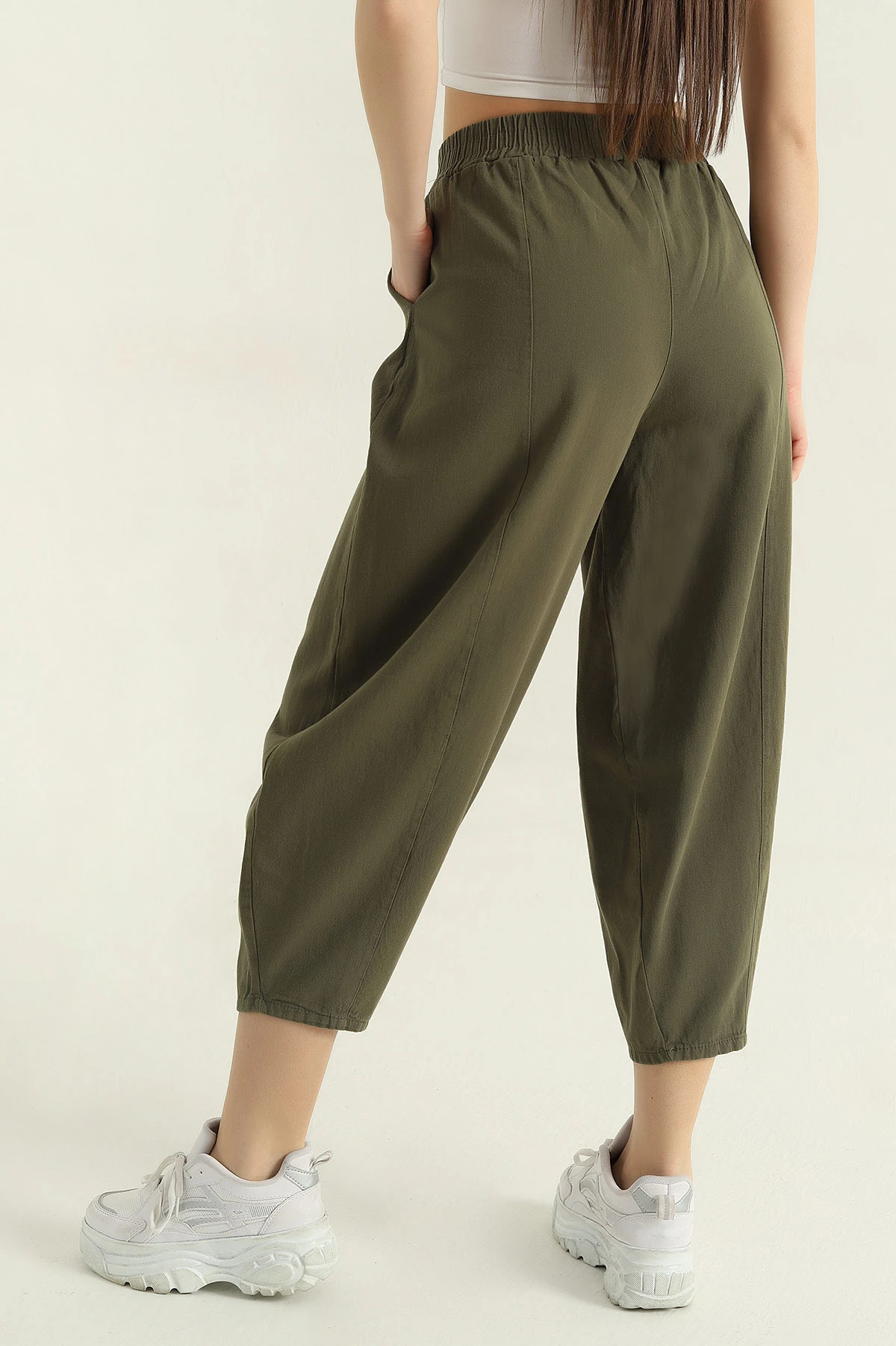 Haki Bel Lastikli Gabardin Şalvar Kadın Pantolon 357403