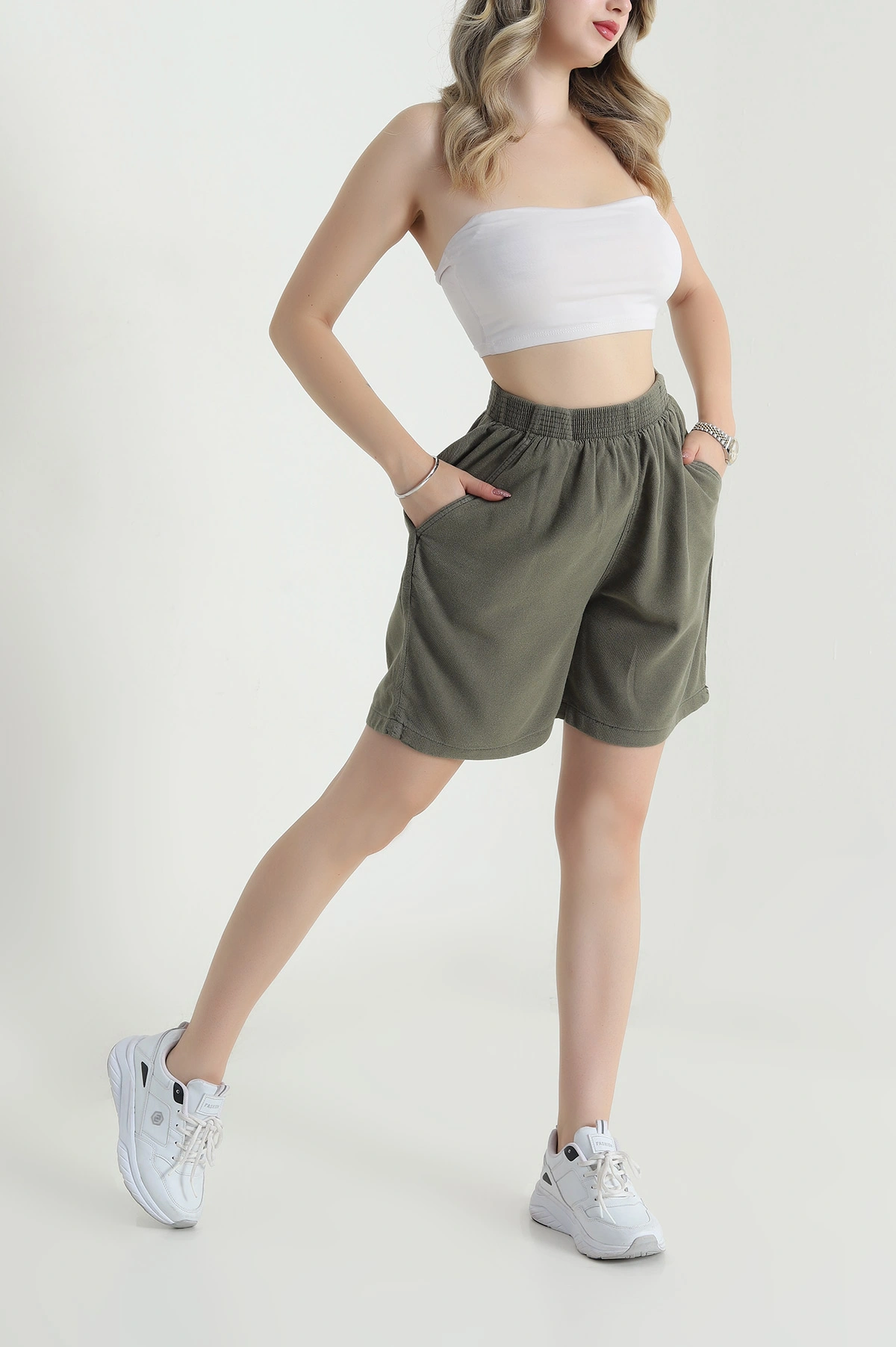 Haki Bel Lastikli Tencel Gabardin Kadın Şort 478748
