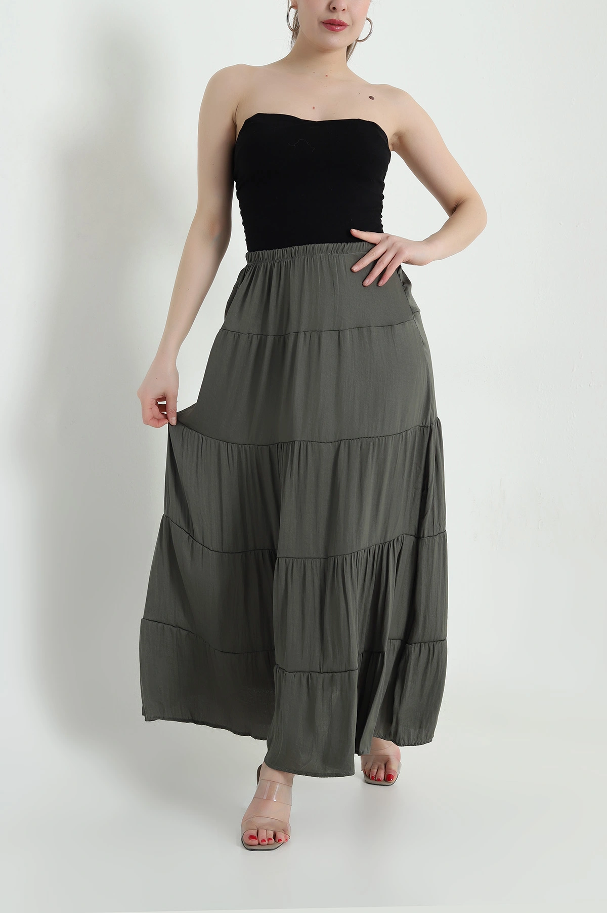 Haki Bel Lastikli Tencel Viskoz Kadın Etek 442396