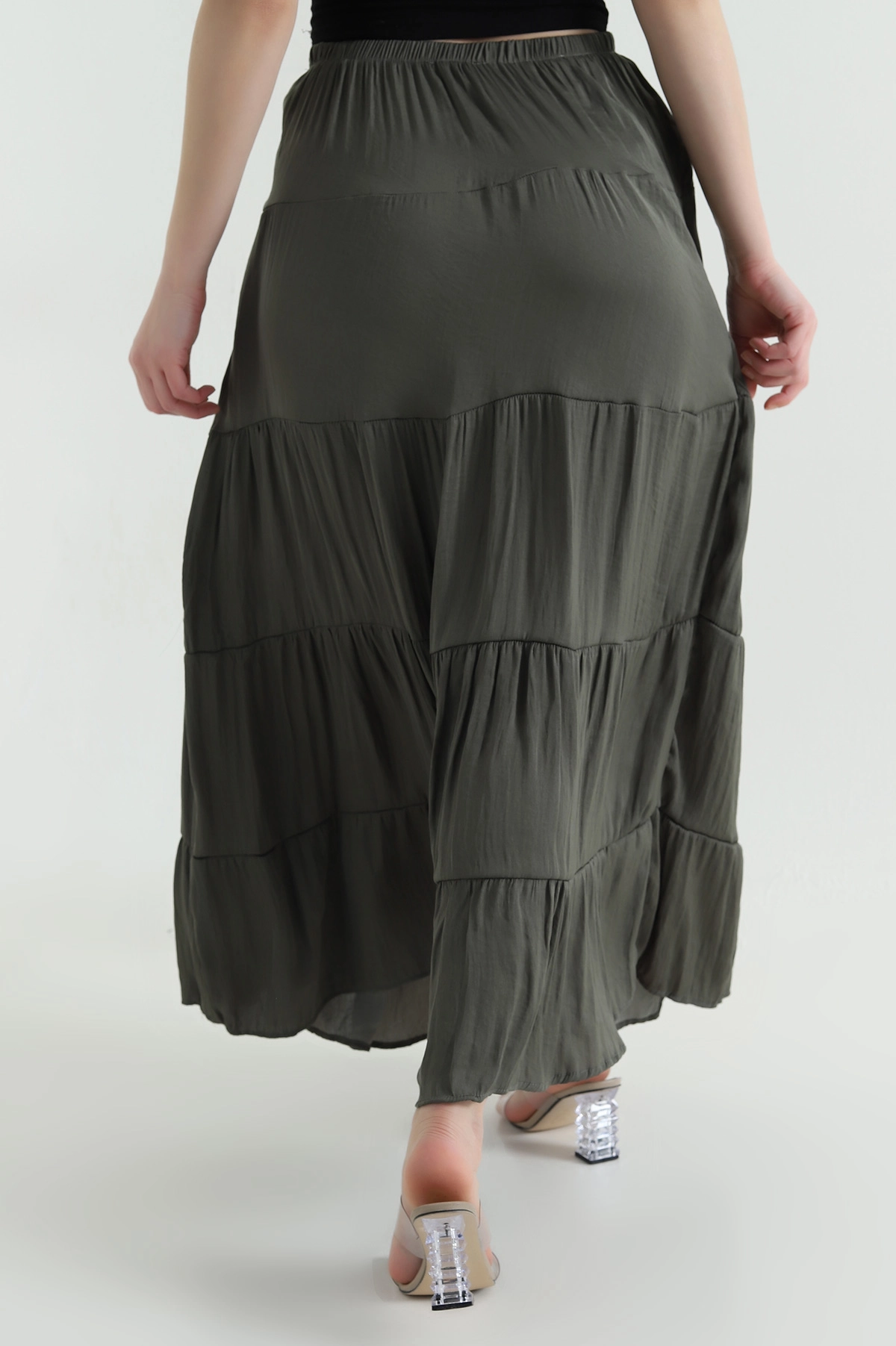 Haki Bel Lastikli Tencel Viskoz Kadın Etek 442396
