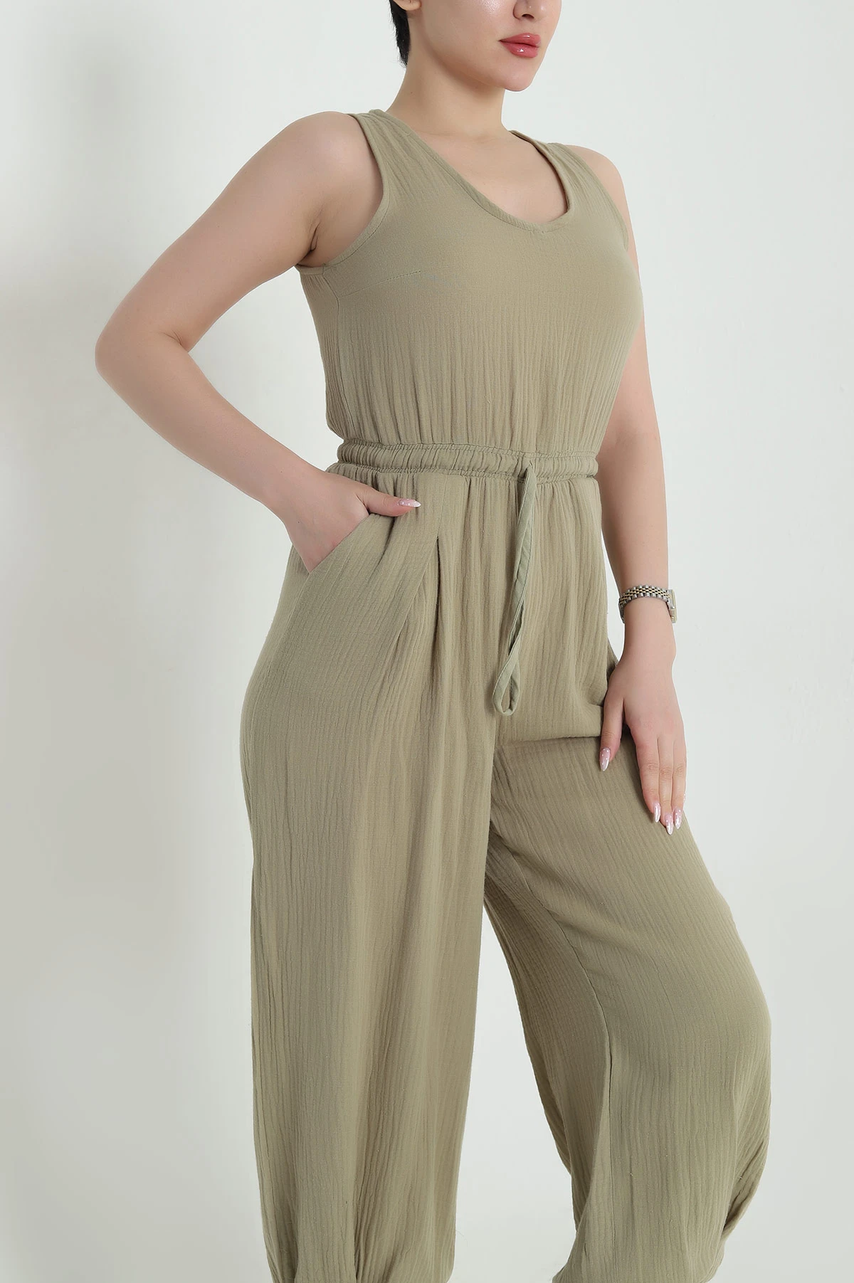 Haki Bel ve Paça Lastikli Müslin Keten Kadın Tulum 462554