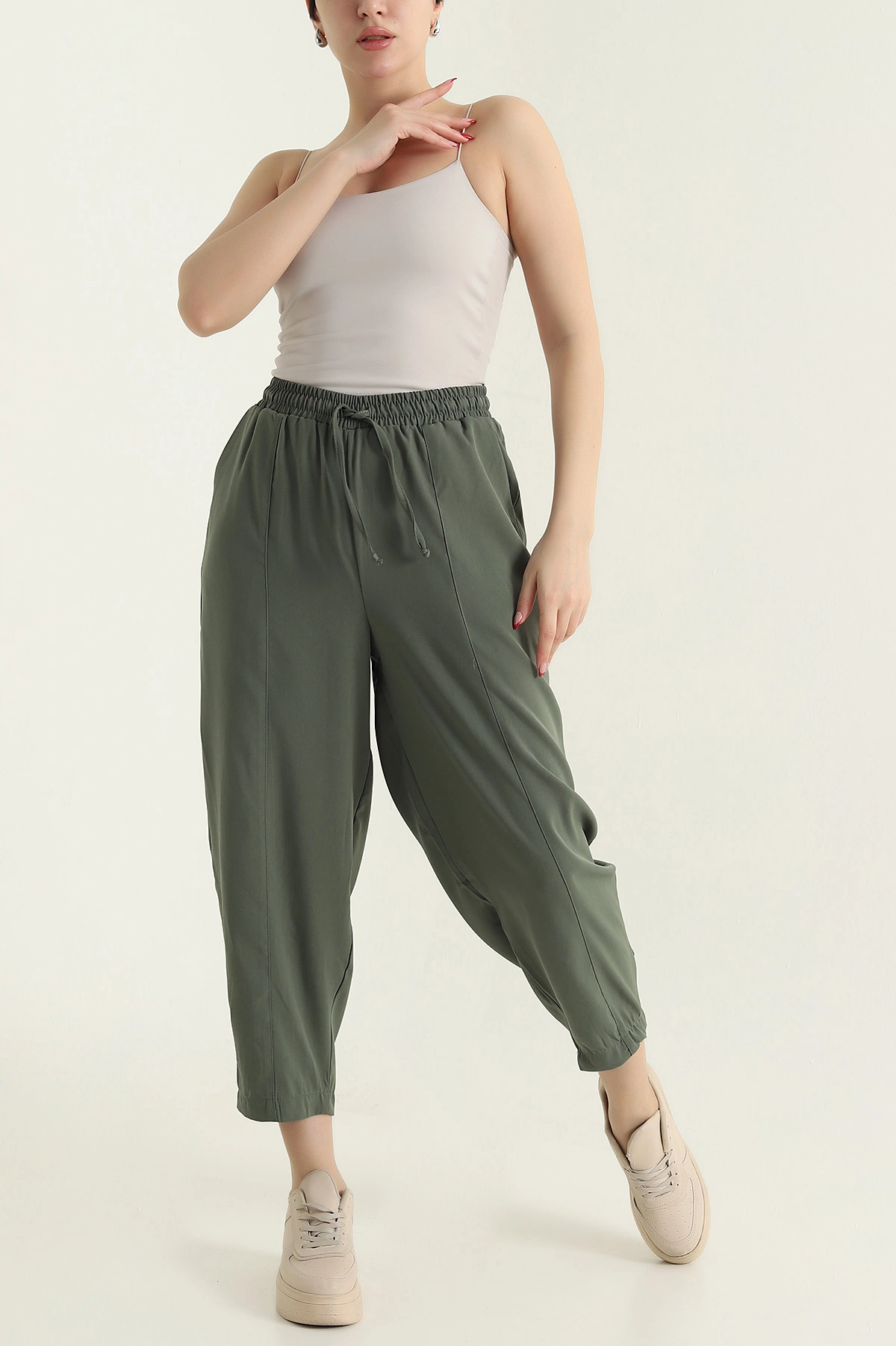 Haki Beli Lastikli Diagonel Kadın Şalvar Pantolon 433277