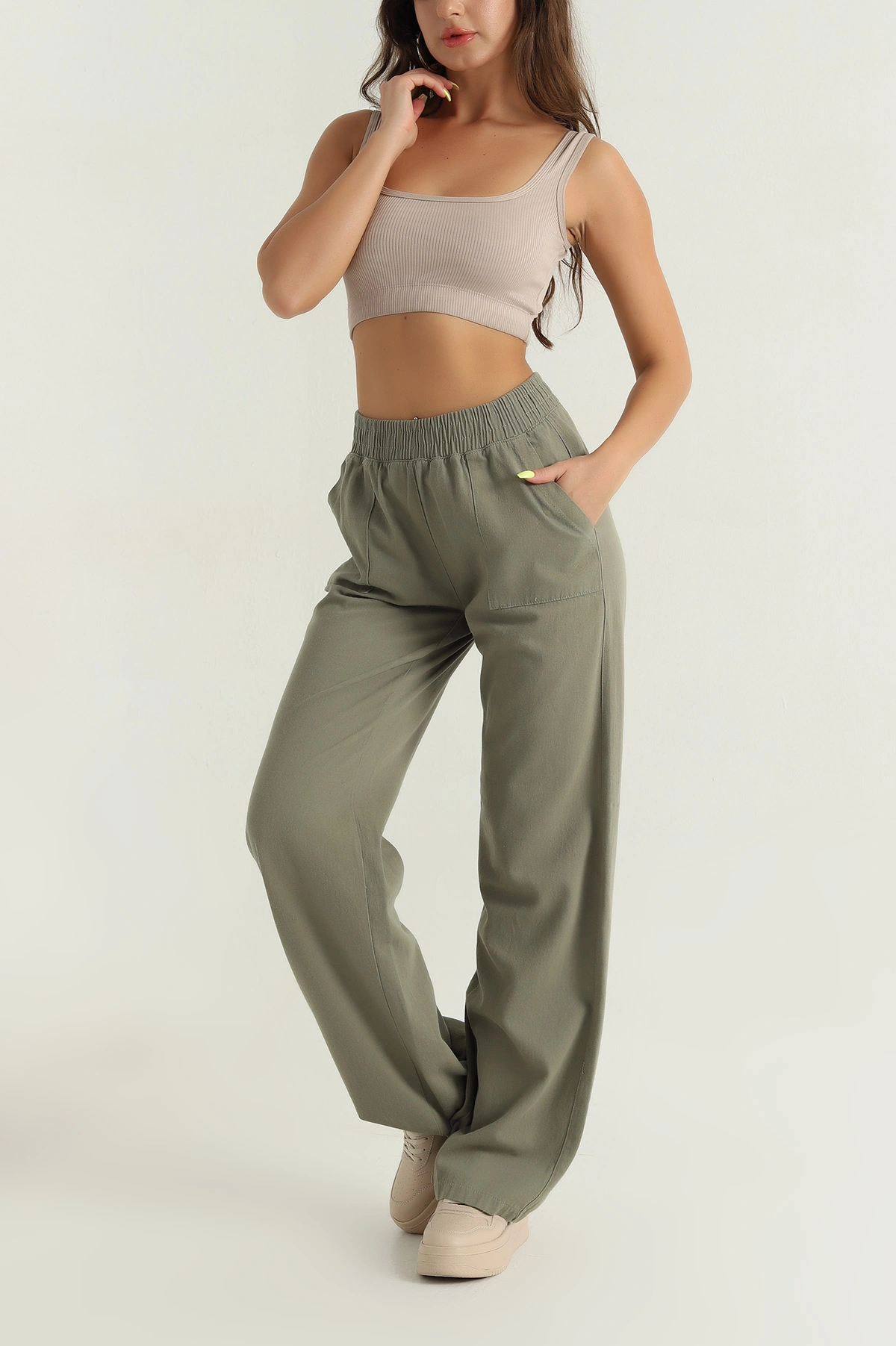Haki Beli Lastikli Kadın Gabardin Pantolon 391148