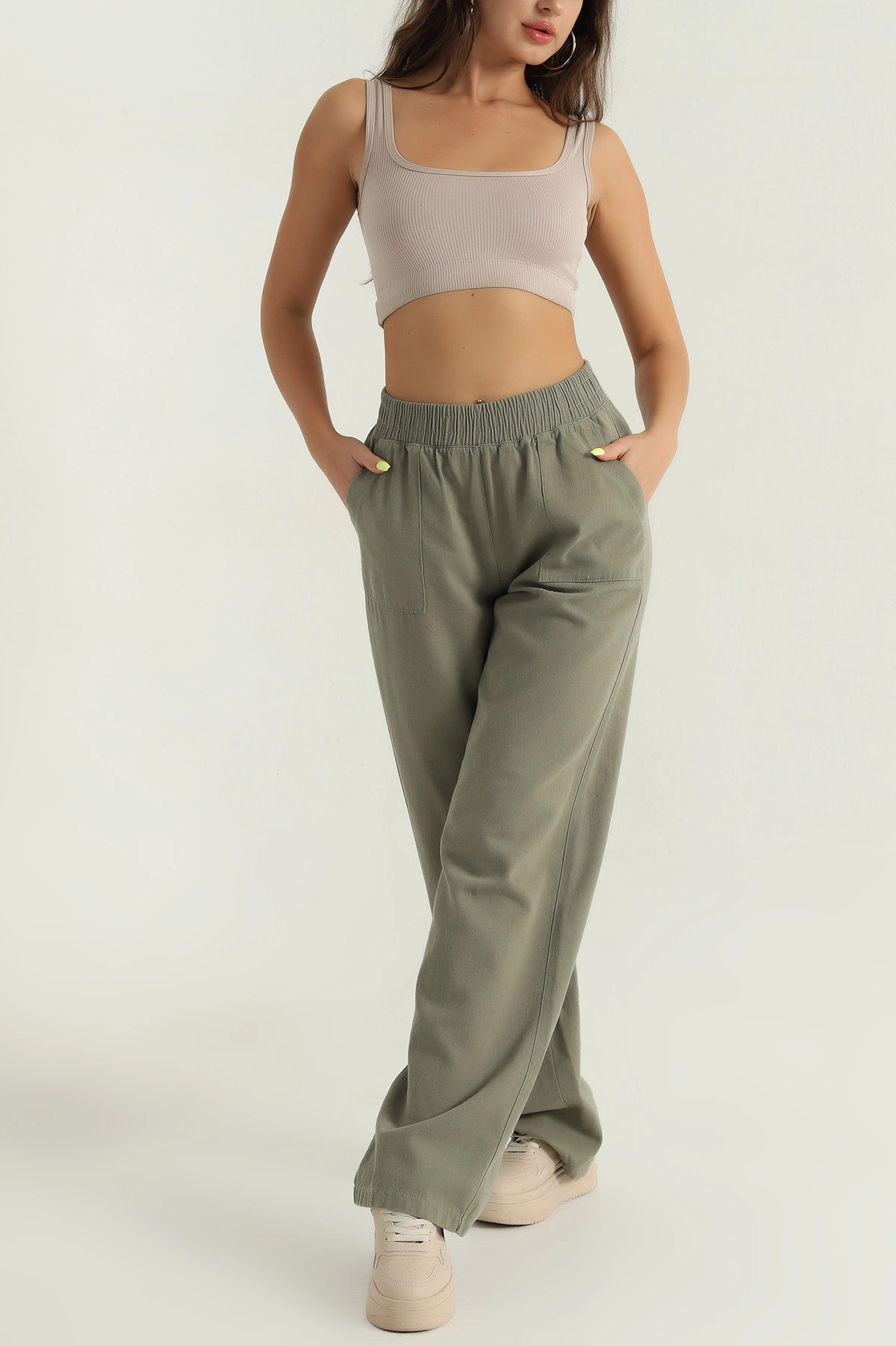 Haki Beli Lastikli Kadın Gabardin Pantolon 391148