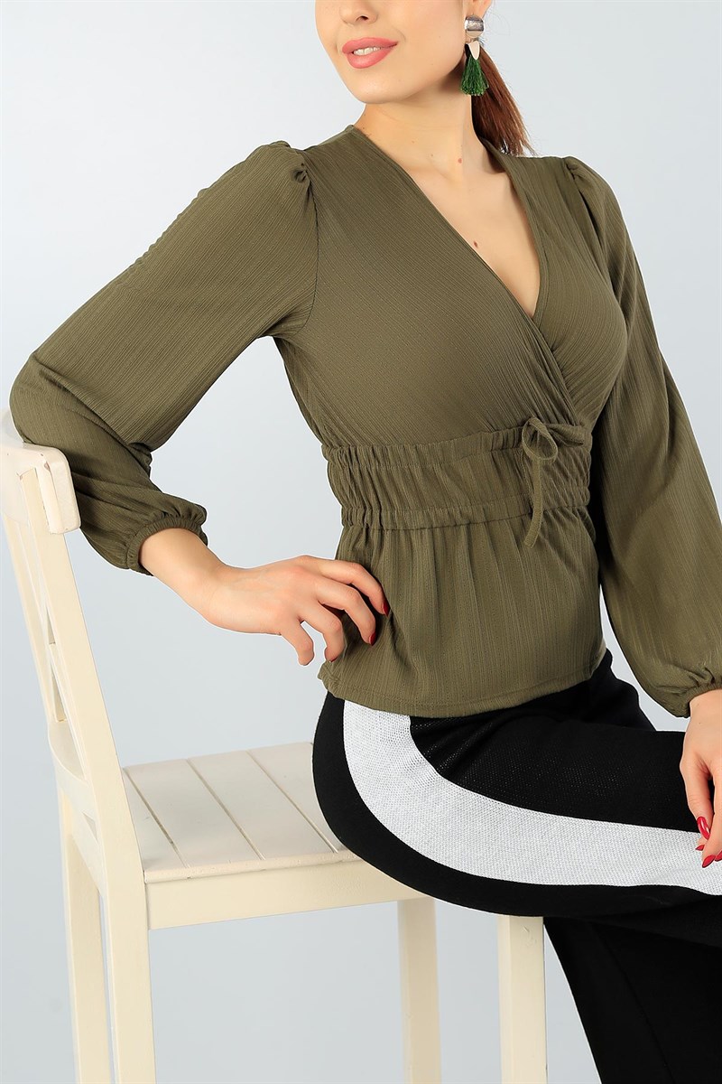 Haki Beli Lastikli Likralı Bluz 43744