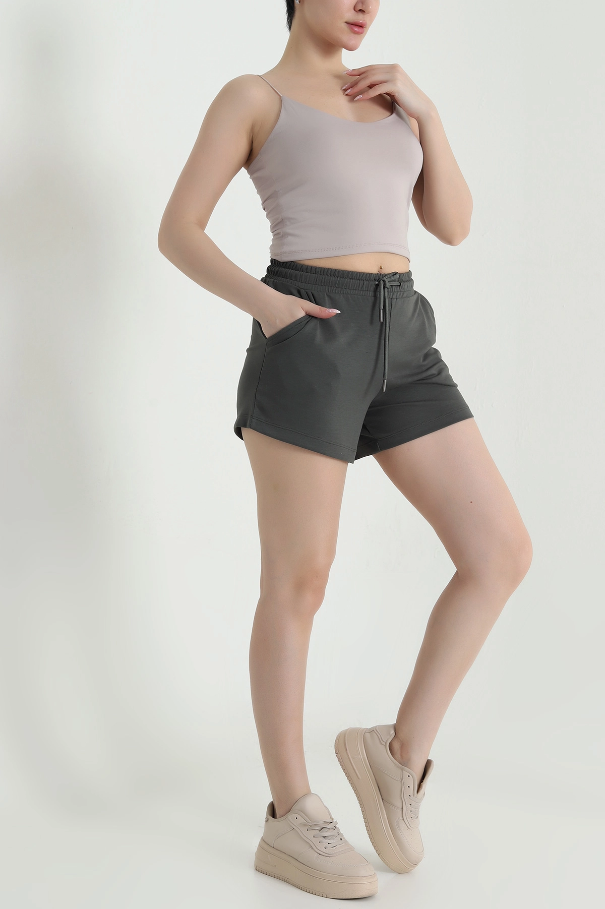Haki Beli Lastikli Modal Kadın Şort 461566