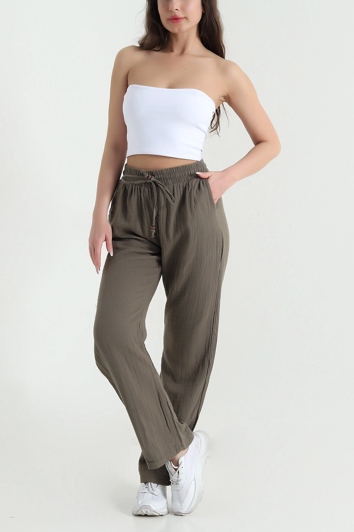 Haki Beli Lastikli Müslin Keten Kadın Pantolon 457929