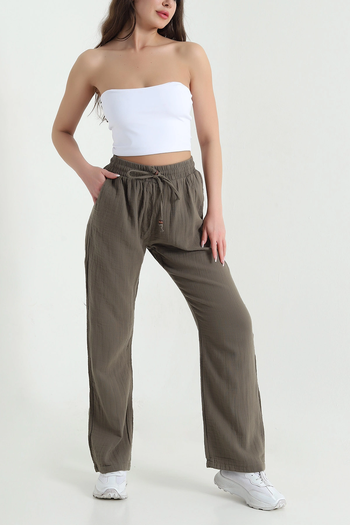 Haki Beli Lastikli Müslin Keten Kadın Pantolon 457929