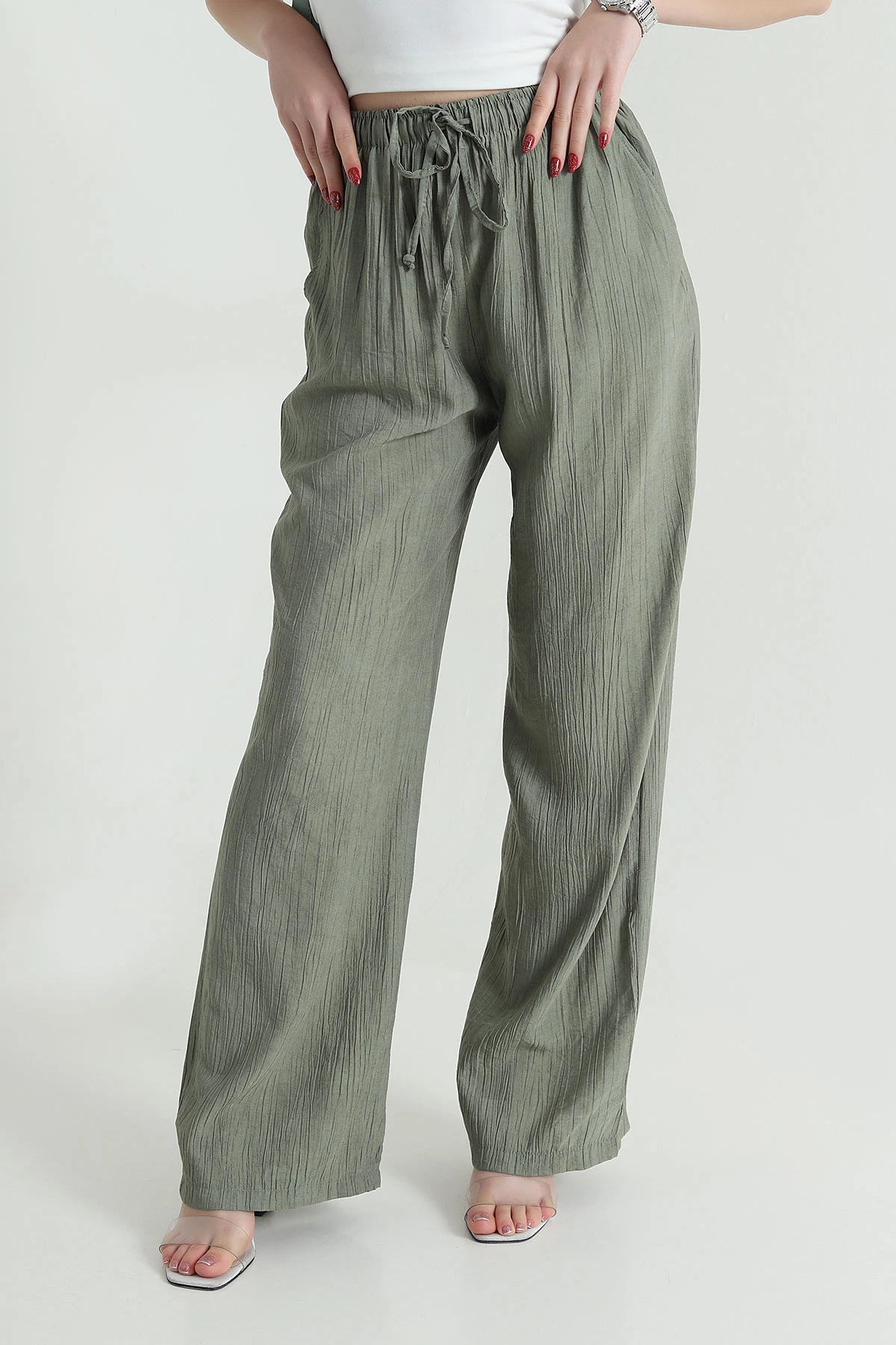 Haki Beli Lastikli Palazzo Kadın Pantolon 463874