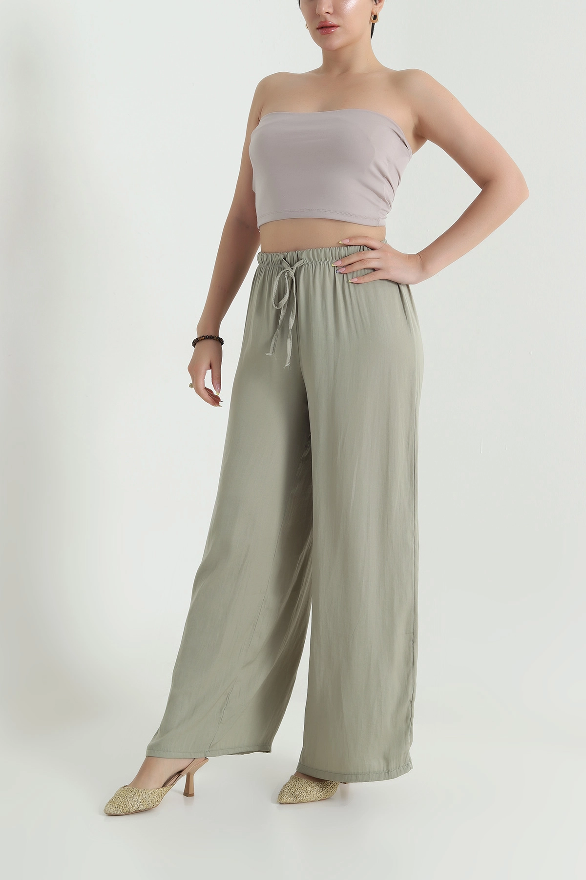 Haki Beli Lastikli Palazzo Yeni Sezon Kadın Pantolon 467784
