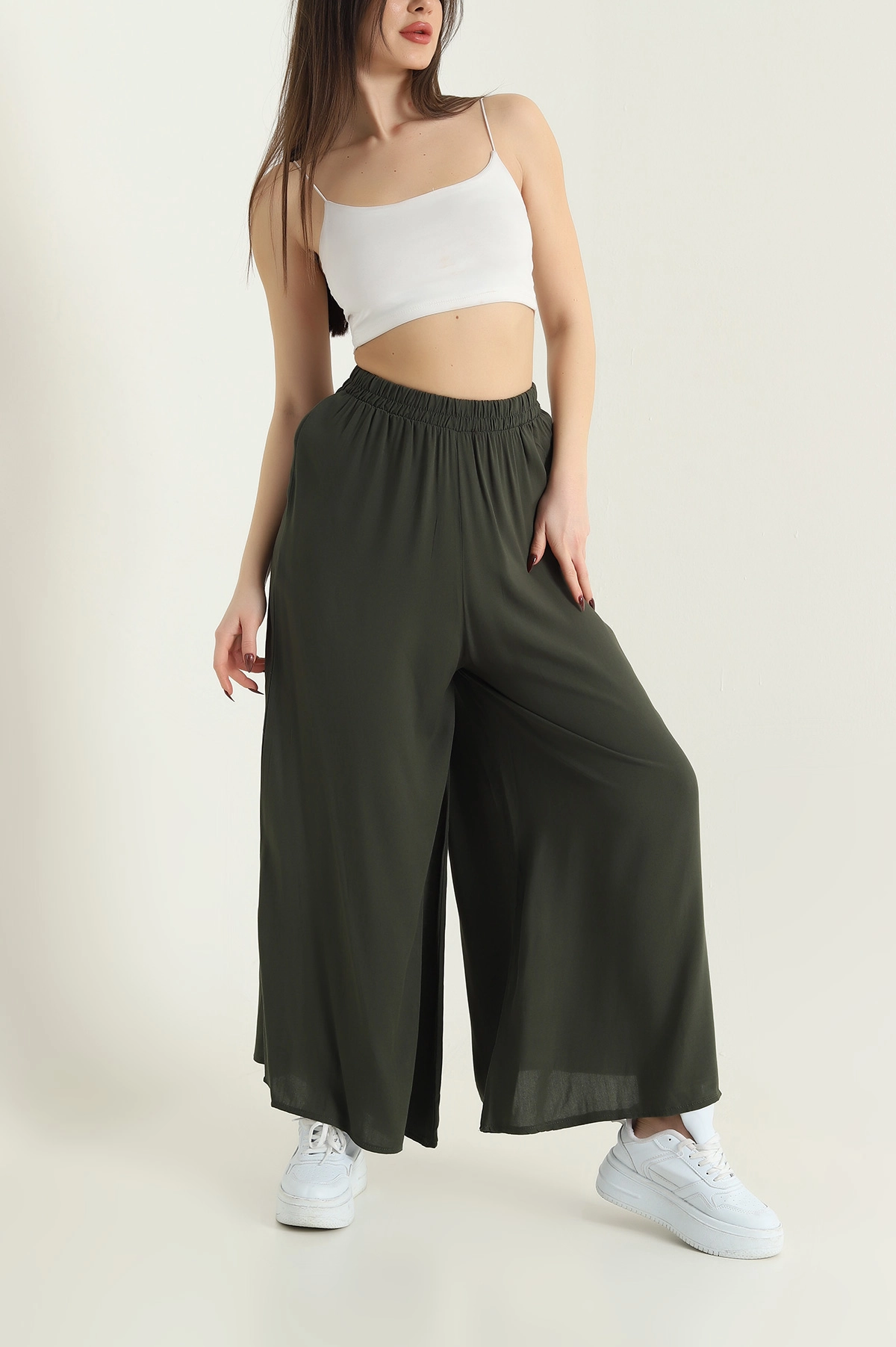 Haki Beli Lastikli Şalvar Dokuma Kadın Pantolon 430045