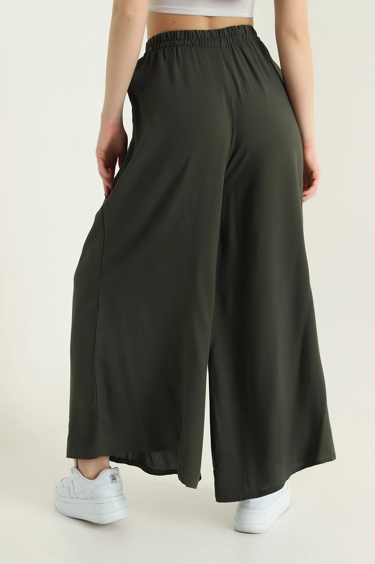 Haki Beli Lastikli Şalvar Dokuma Kadın Pantolon 430045