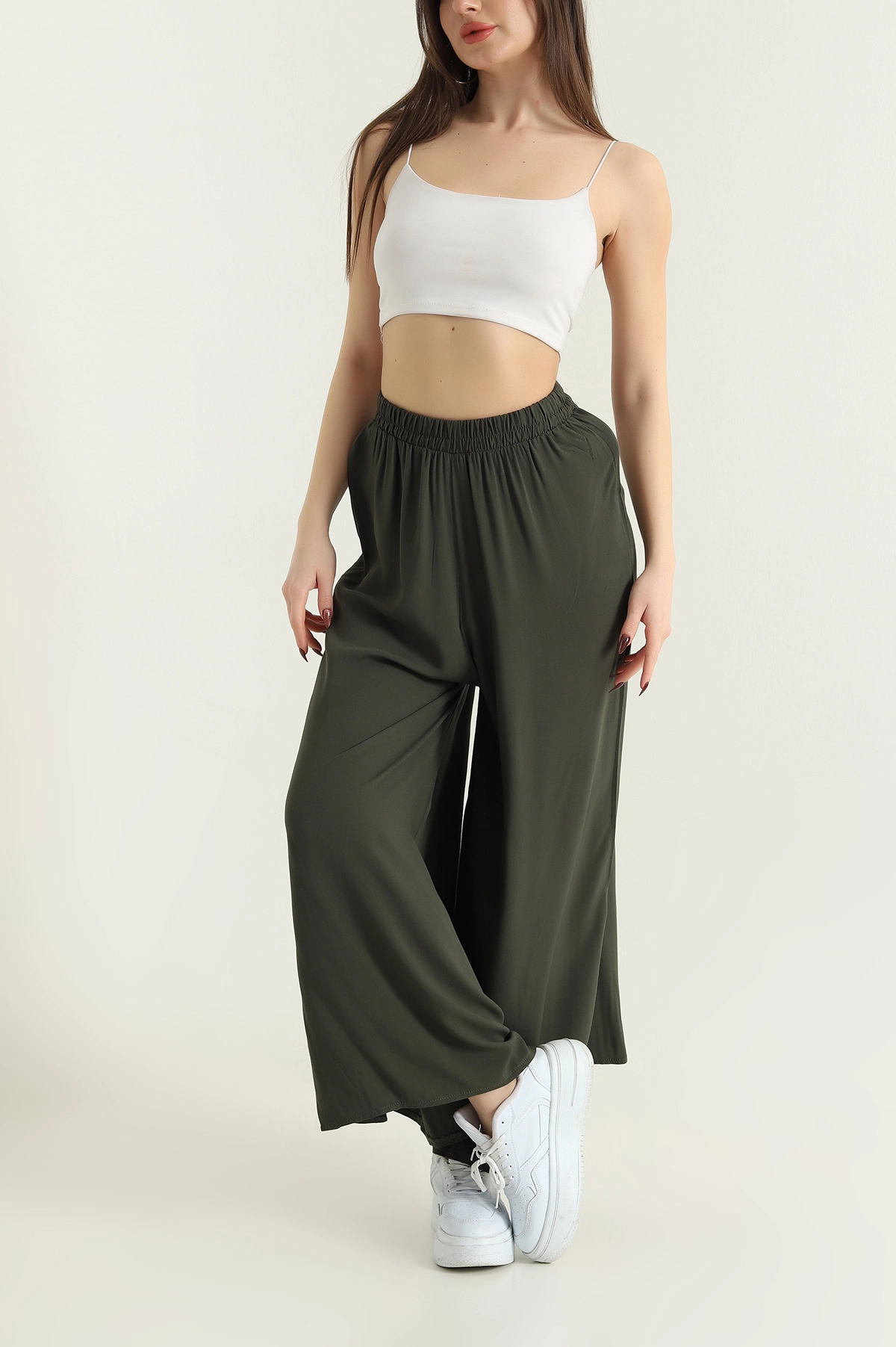 Haki Beli Lastikli Şalvar Dokuma Kadın Pantolon 430045